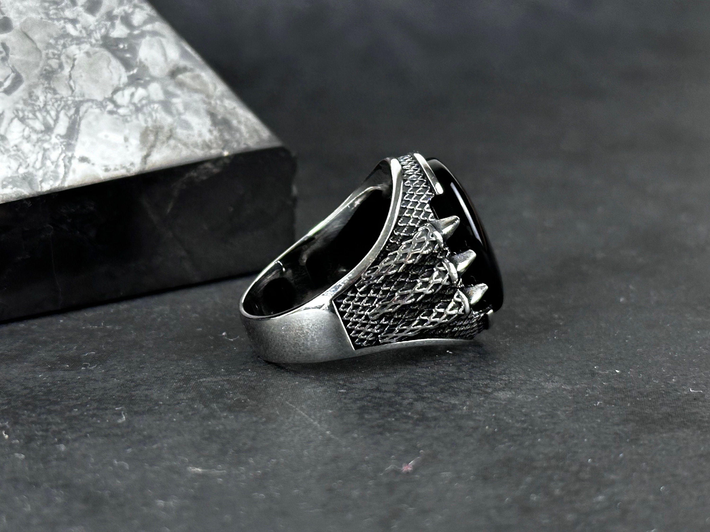 Onyx Gemstone Silver Ring, Artisan Claw Set (Men's Statement)