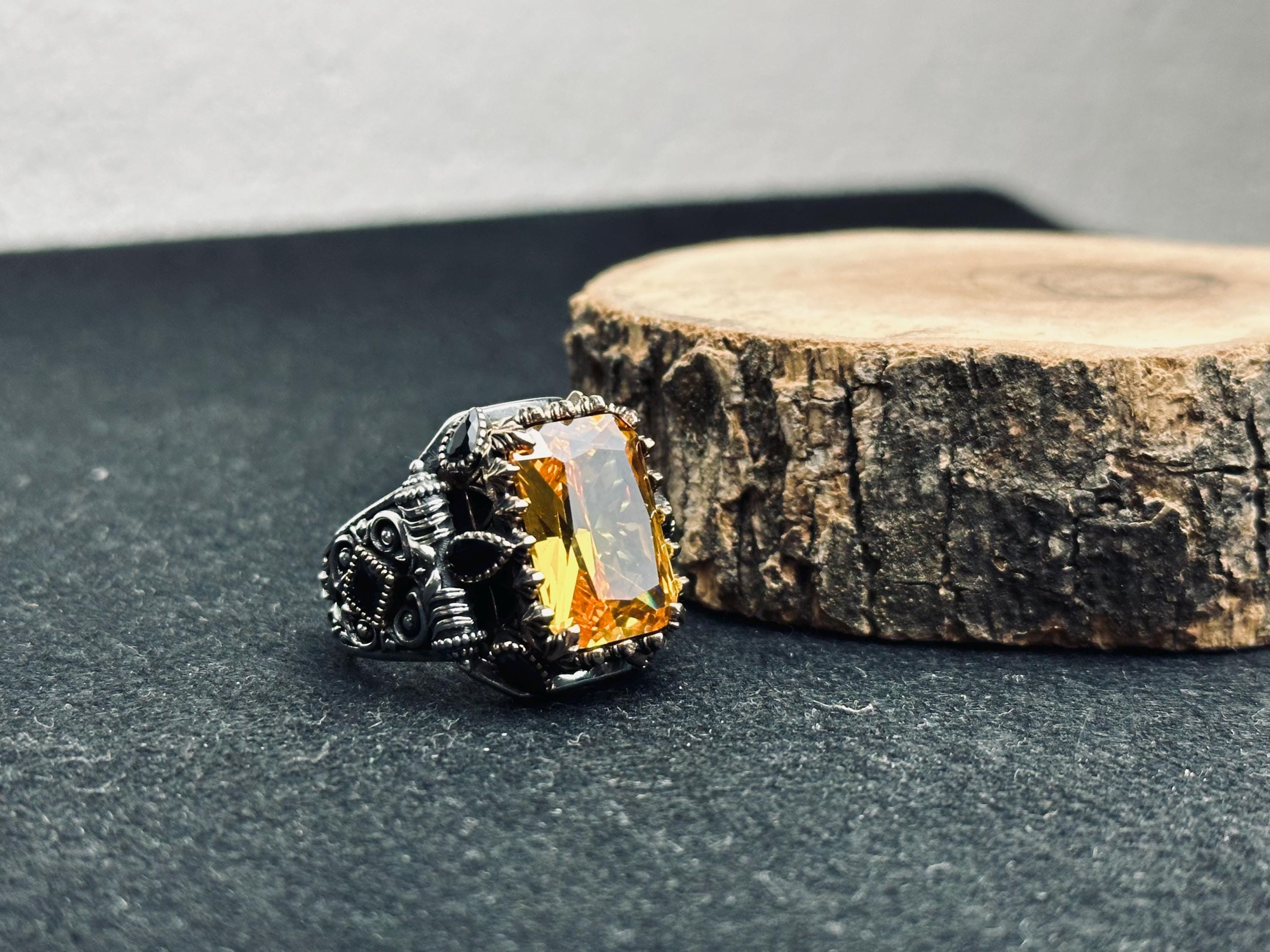 Sterling Silver Mens Citrine Ring: Turkish Handmade, Rectangular Stone
