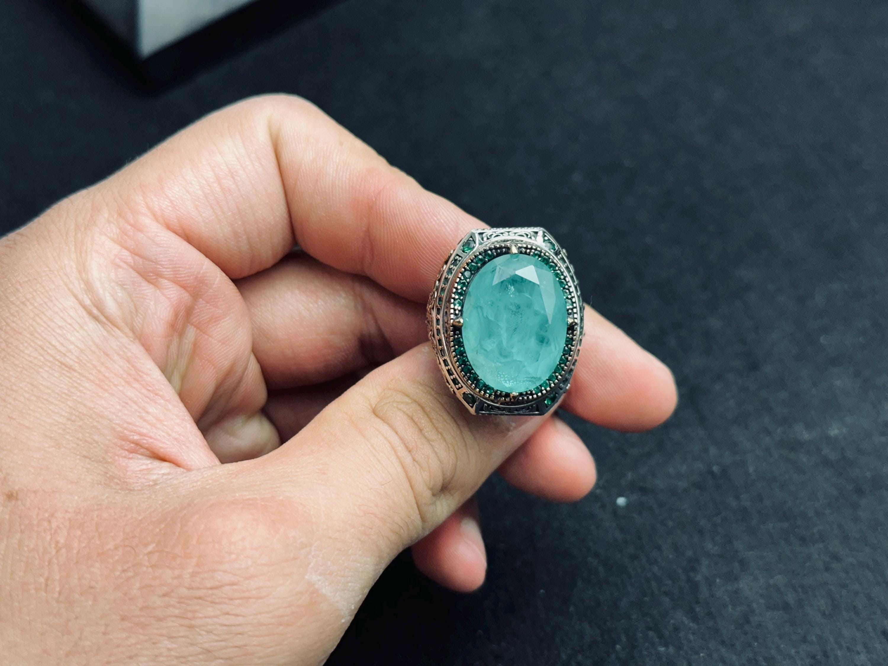 Turkish Aquamarine Ring, Sterling Silver Light Blue (Men's Size)