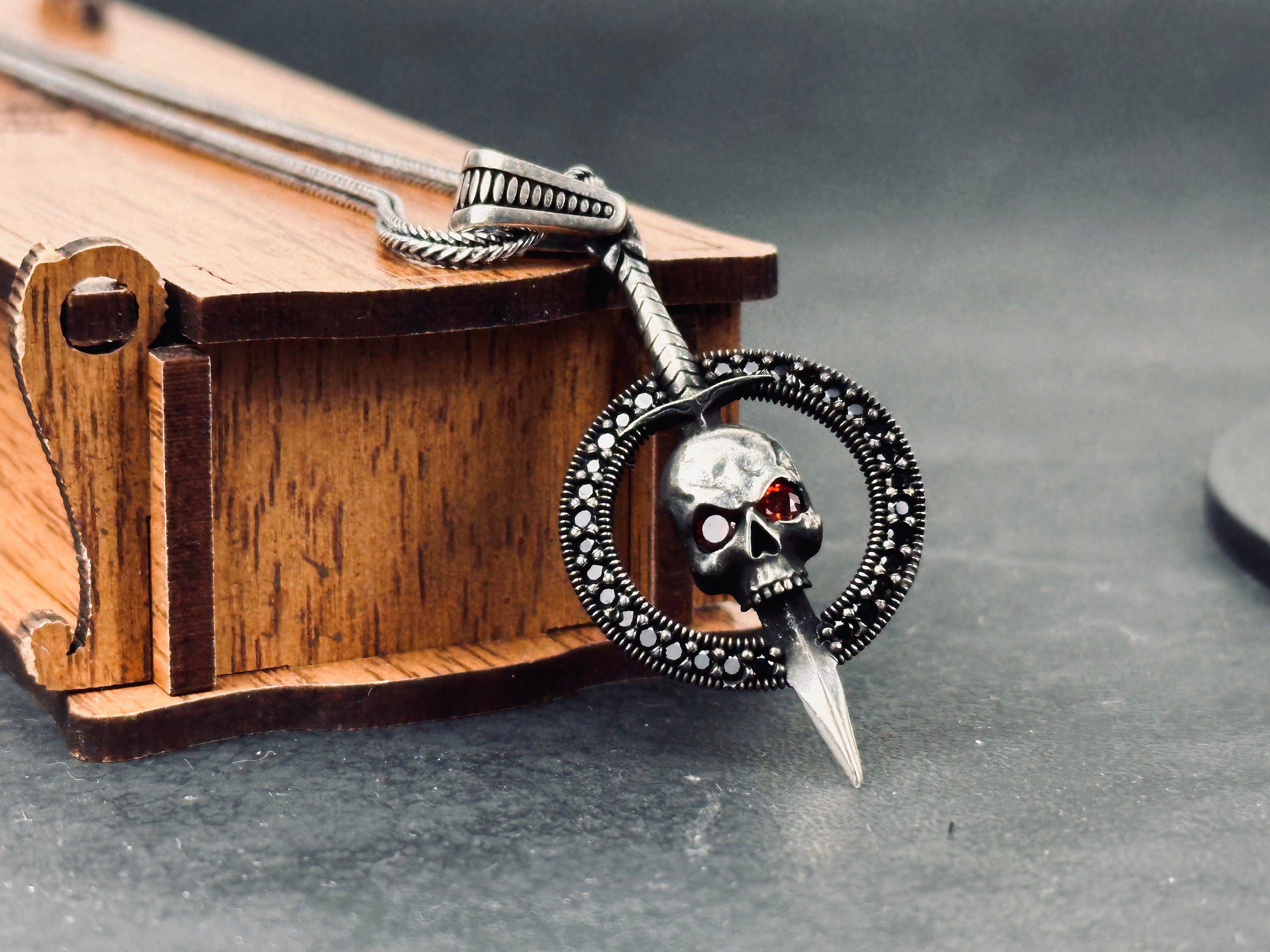Goth Sterling Silver Skull Necklace, Chunky Chain (Layered Look)