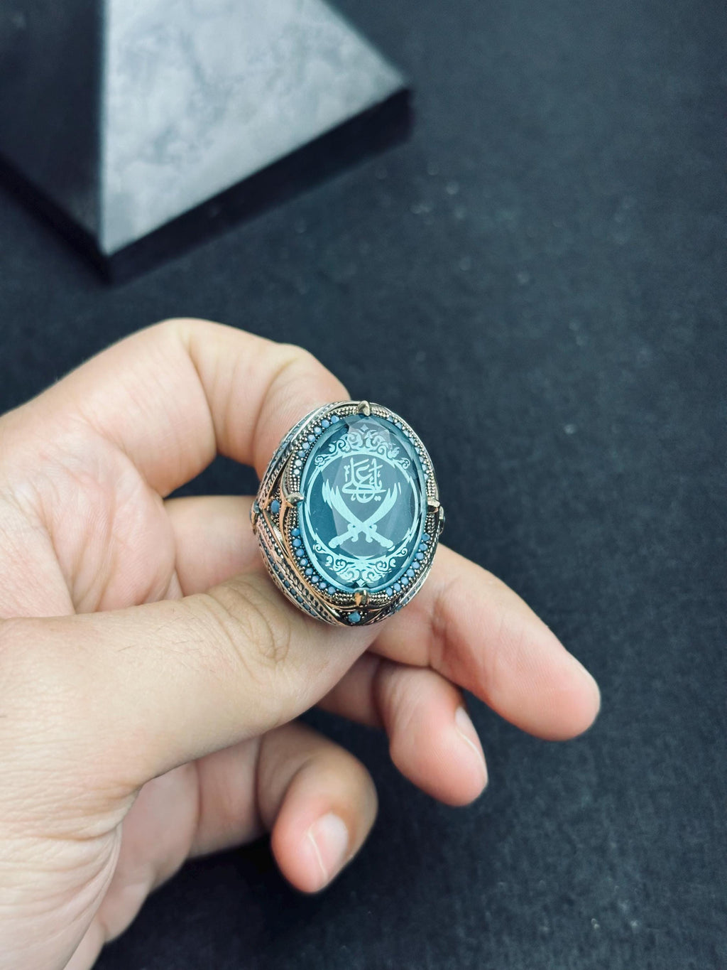 Zulfiqar Sword Ring: Islamic Sterling Silver Jewelry (Blue Zircon)