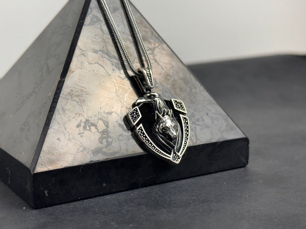 Wolf Head Shield Necklace: Sterling Silver Layered Pendant