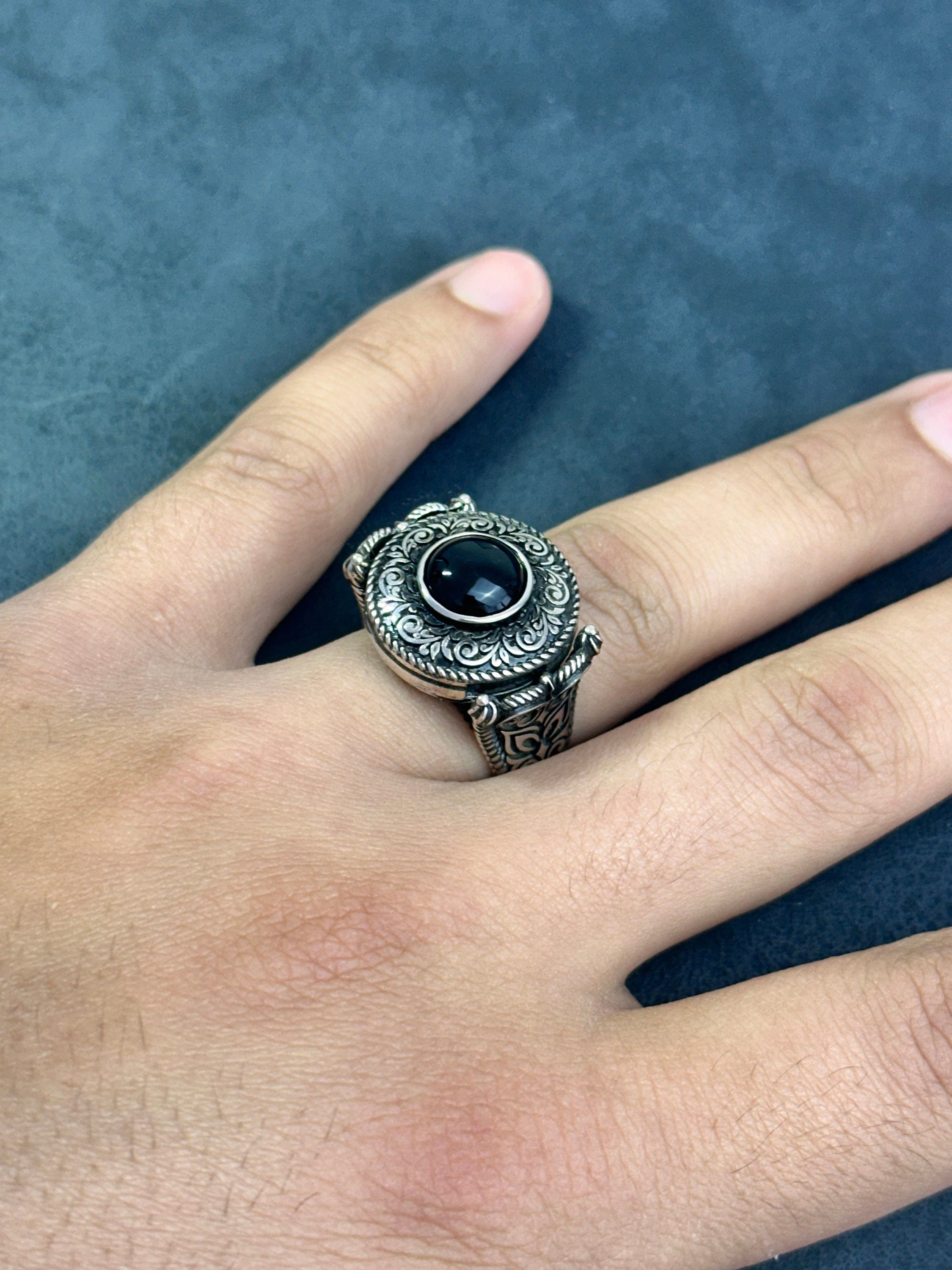 Greek Motif Onyx Ring - Sterling Silver Men's Jewelry