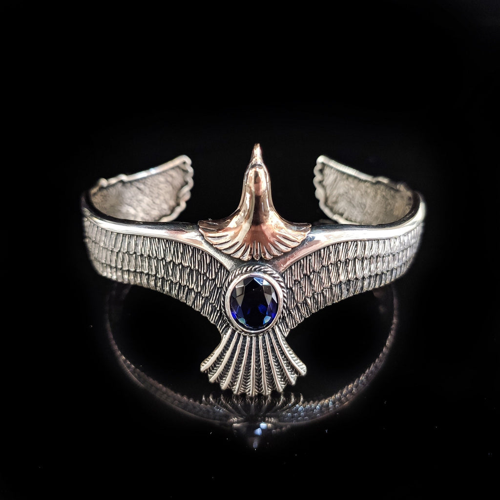 Sterling Silver Eagle Bracelet: Sapphire Stone, Handmade Men's Jewelry