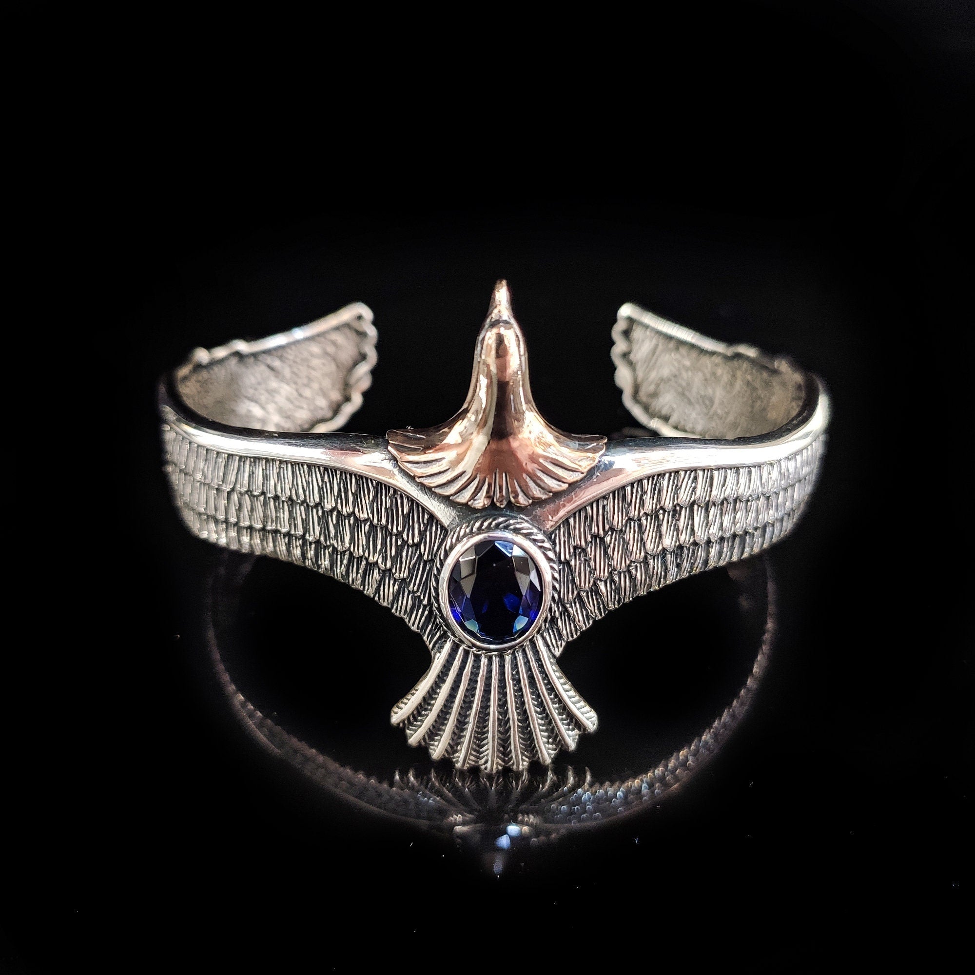 Sterling Silver Eagle Bracelet: Sapphire Stone, Handmade Men's Jewelry