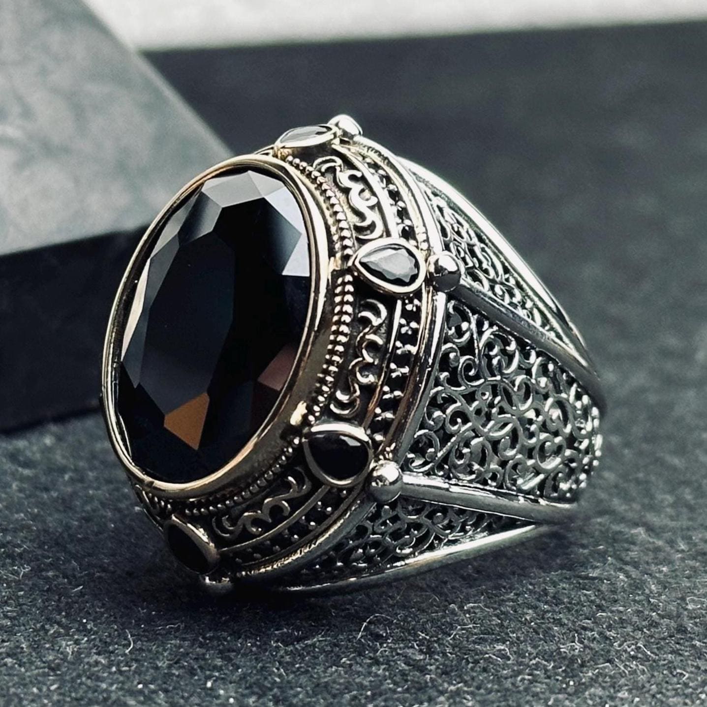 Turkish Sterling Silver Ring, Black CZ Stone, Bold Design (Men’s Size)