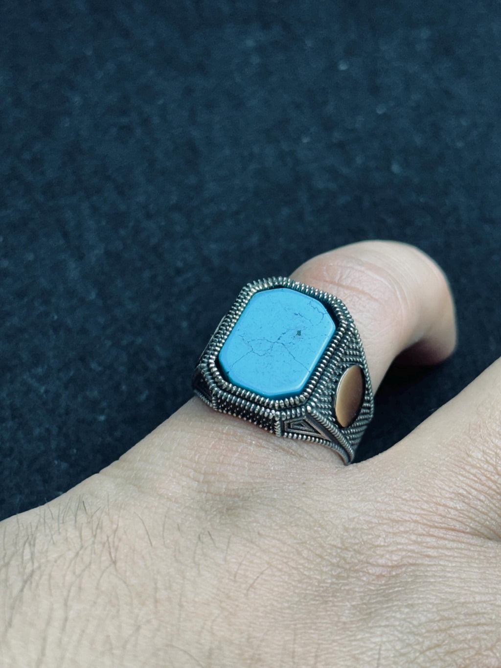 Turquoise Statement Ring - Sterling Silver, Engraved Design