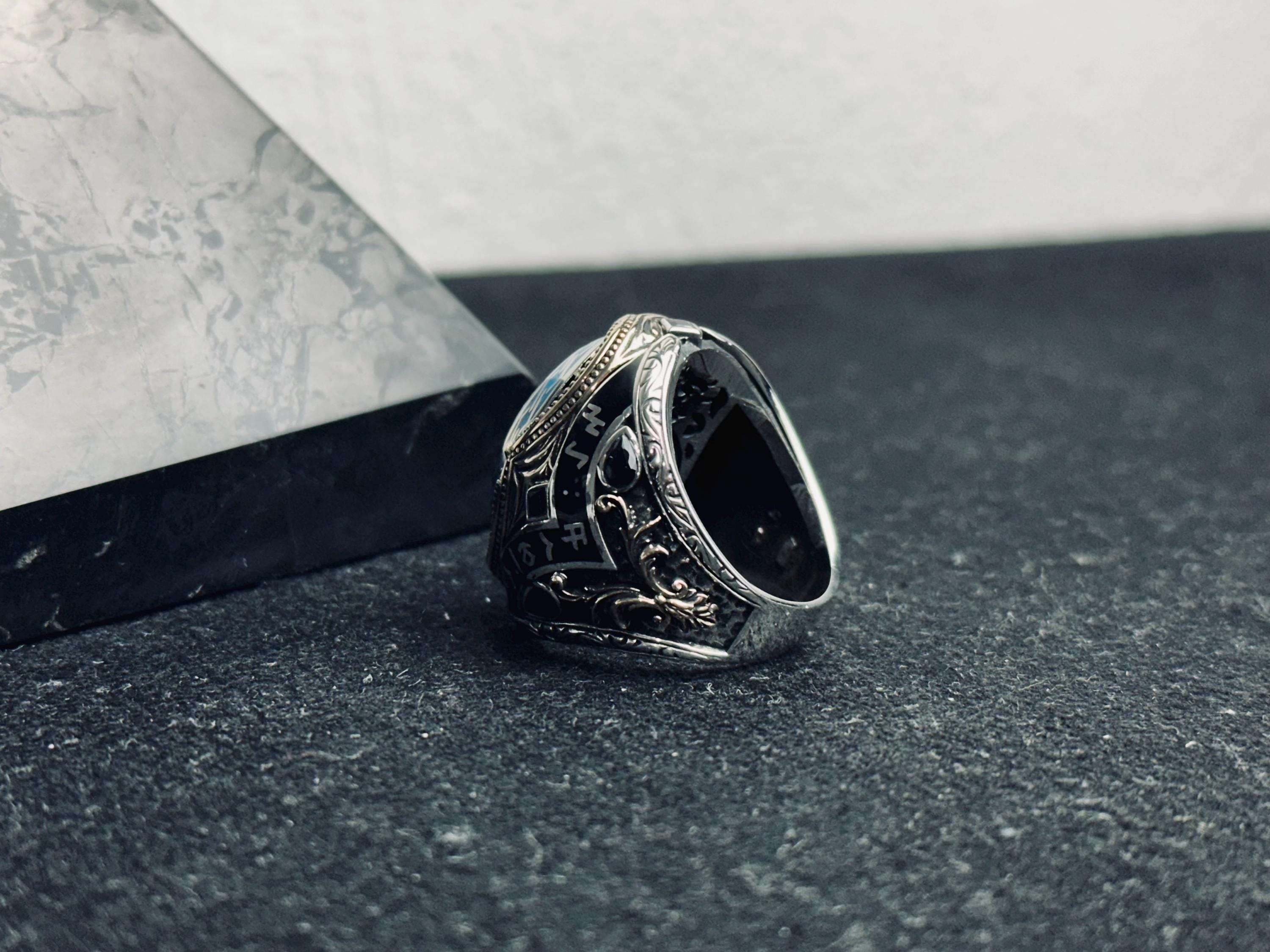 Sterling Silver Blue Stone Ottoman Ring, Islamic Calligraphy Men Ring, Turkish Handmade Jewelry, Ramadan Gift, Statement Signet Ring