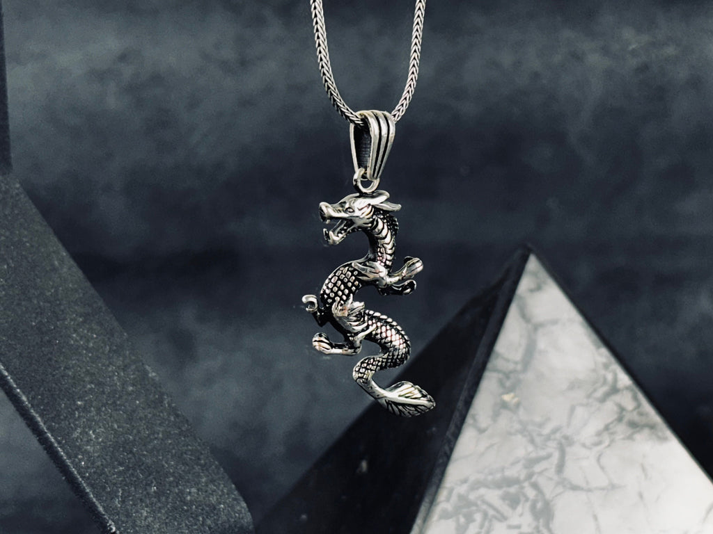 Fantasy Silver Necklace Dragon Charm (Handmade Pendant on Chain)