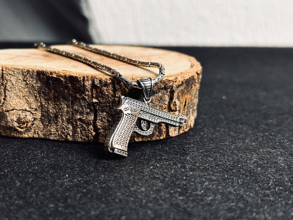 Gun Necklace: Men's Silver Pendant Jewelry (Chain Length Options)