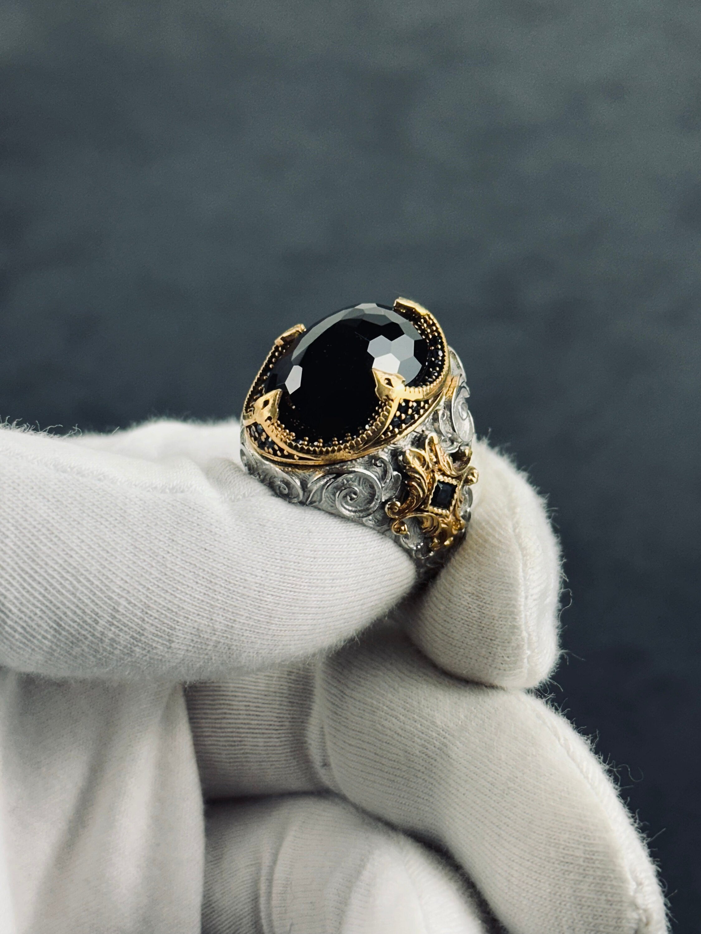 Oval Zircon Ring: Rhodium Sterling Silver Engraved Band