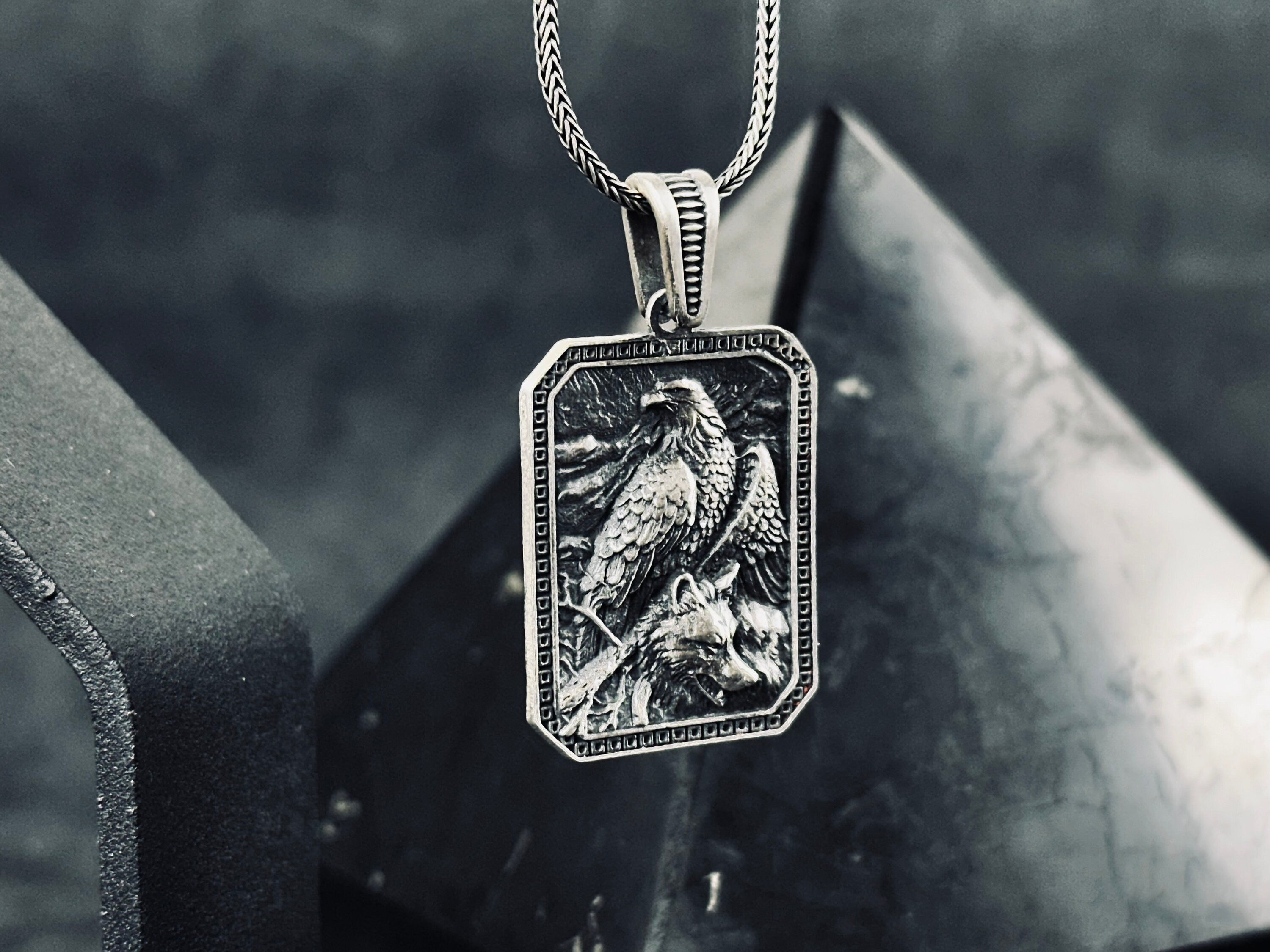 Silver Eagle Wolf Pendant Necklace: Handcrafted Statement Jewelry