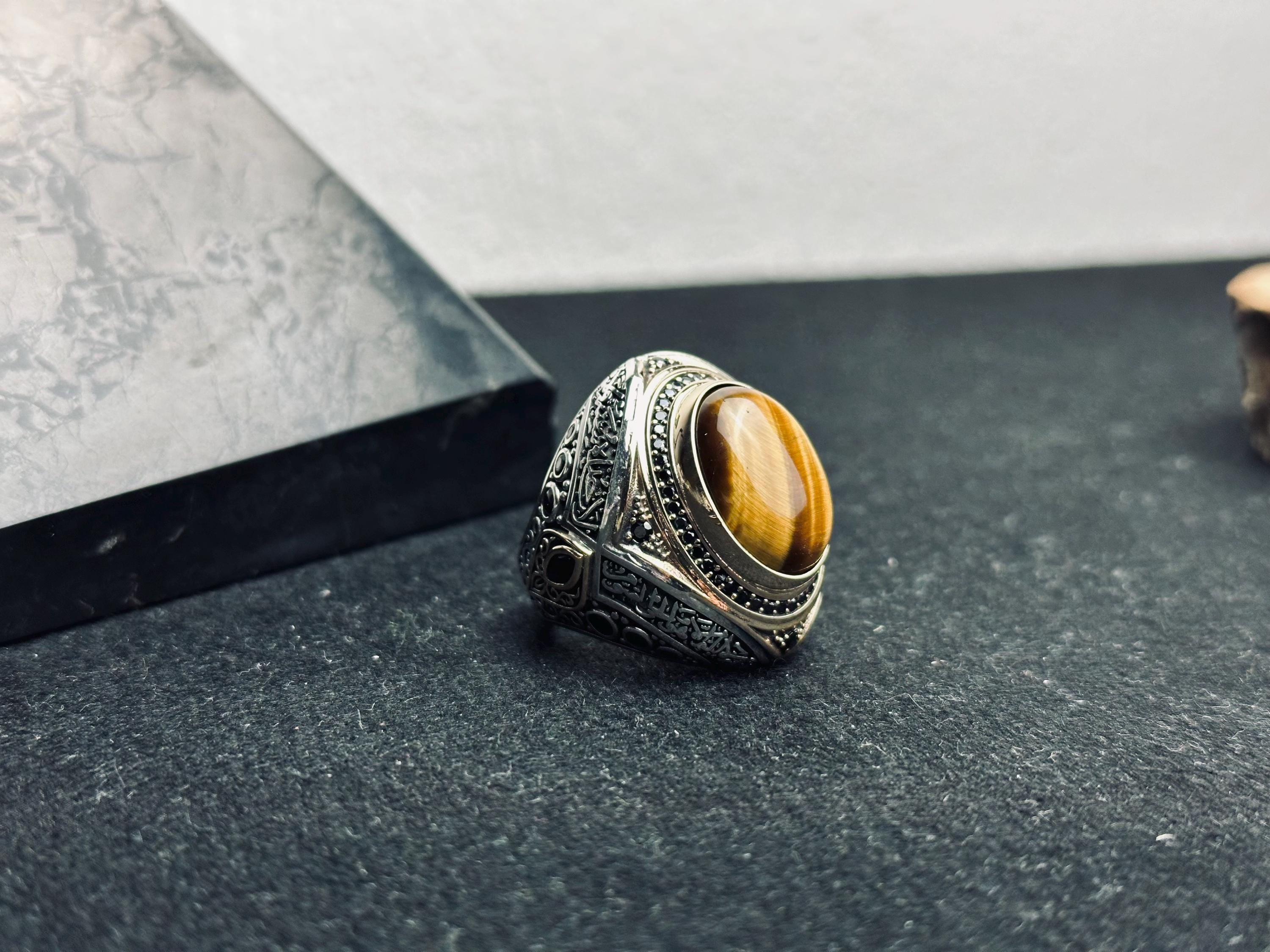 Tiger Eye Silver Ring, Men's Oval Statement (Handmade, Spiritual)