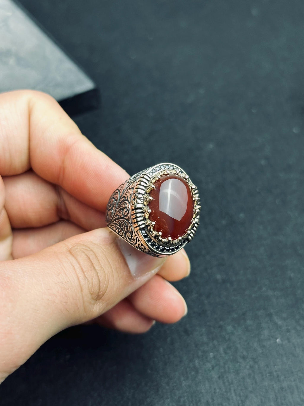 Red Aqeeq Ring for Men: Oval Agate Stone, Sterling Silver