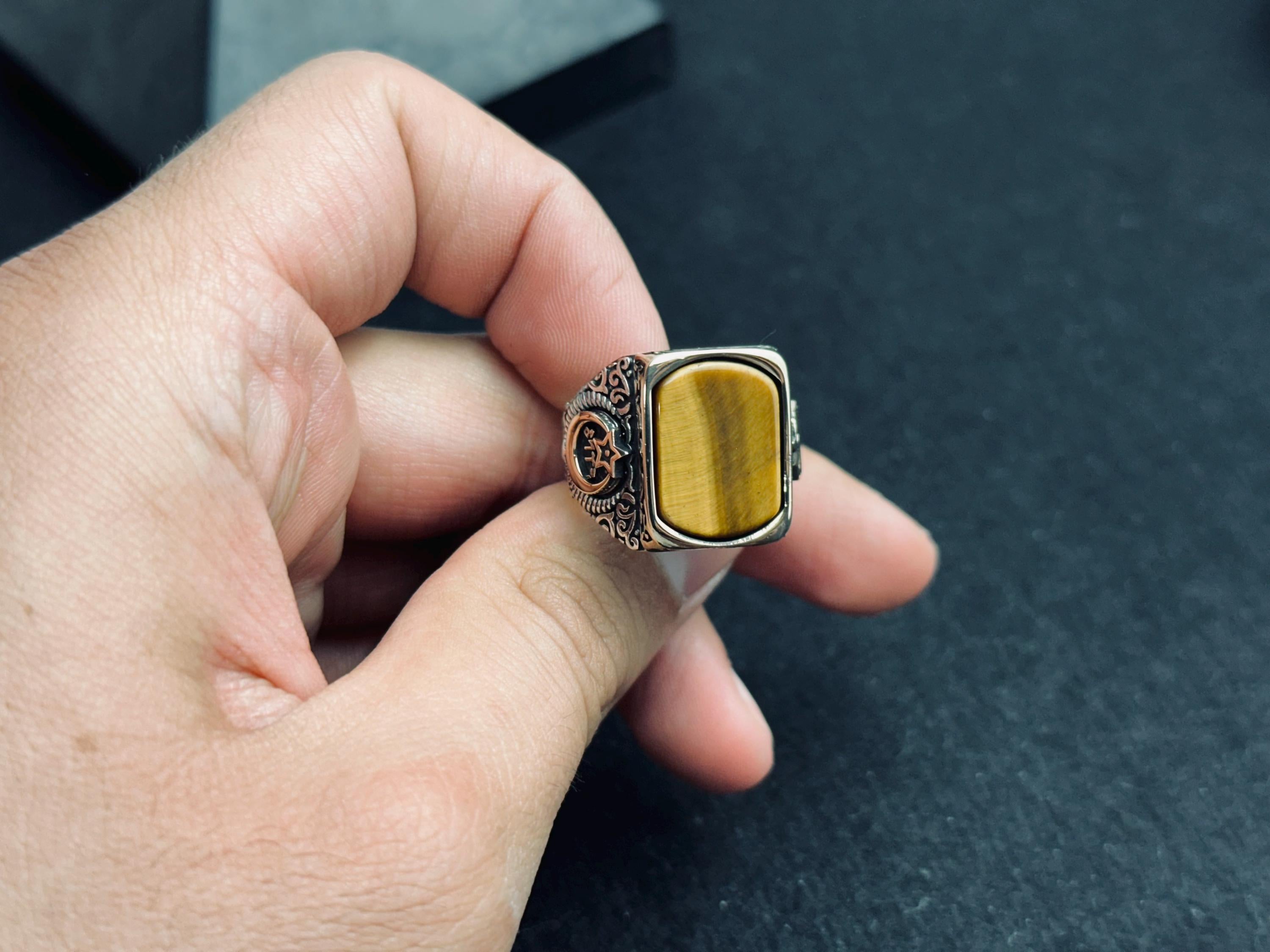 Sterling Silver Signet Ring: Tiger Eye Gemstone - Ottoman Crescent Star