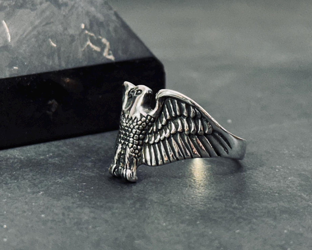 Sterling Silver Eagle Ring, Nordic Design, Layered Band (Men's)