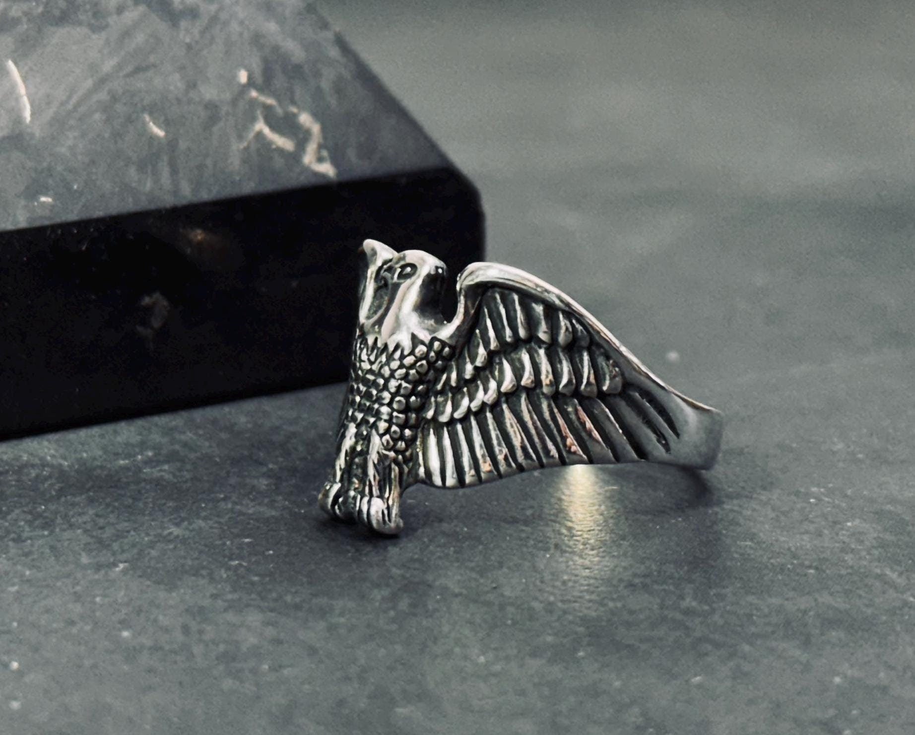 Sterling Silver Eagle Ring, Nordic Design, Layered Band (Men's)