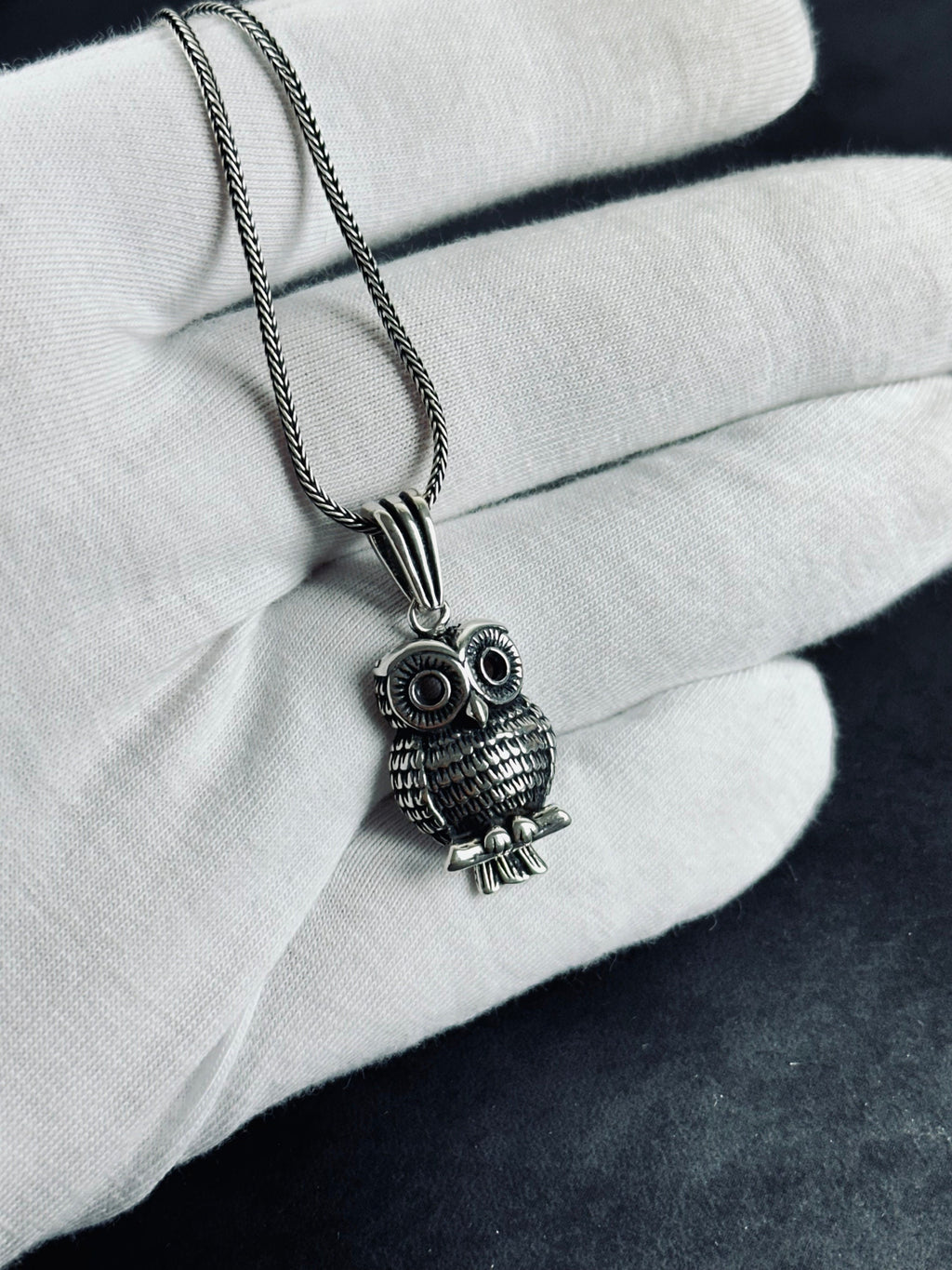 Silver Owl Necklace: Handmade Bird Pendant with Wooden Box