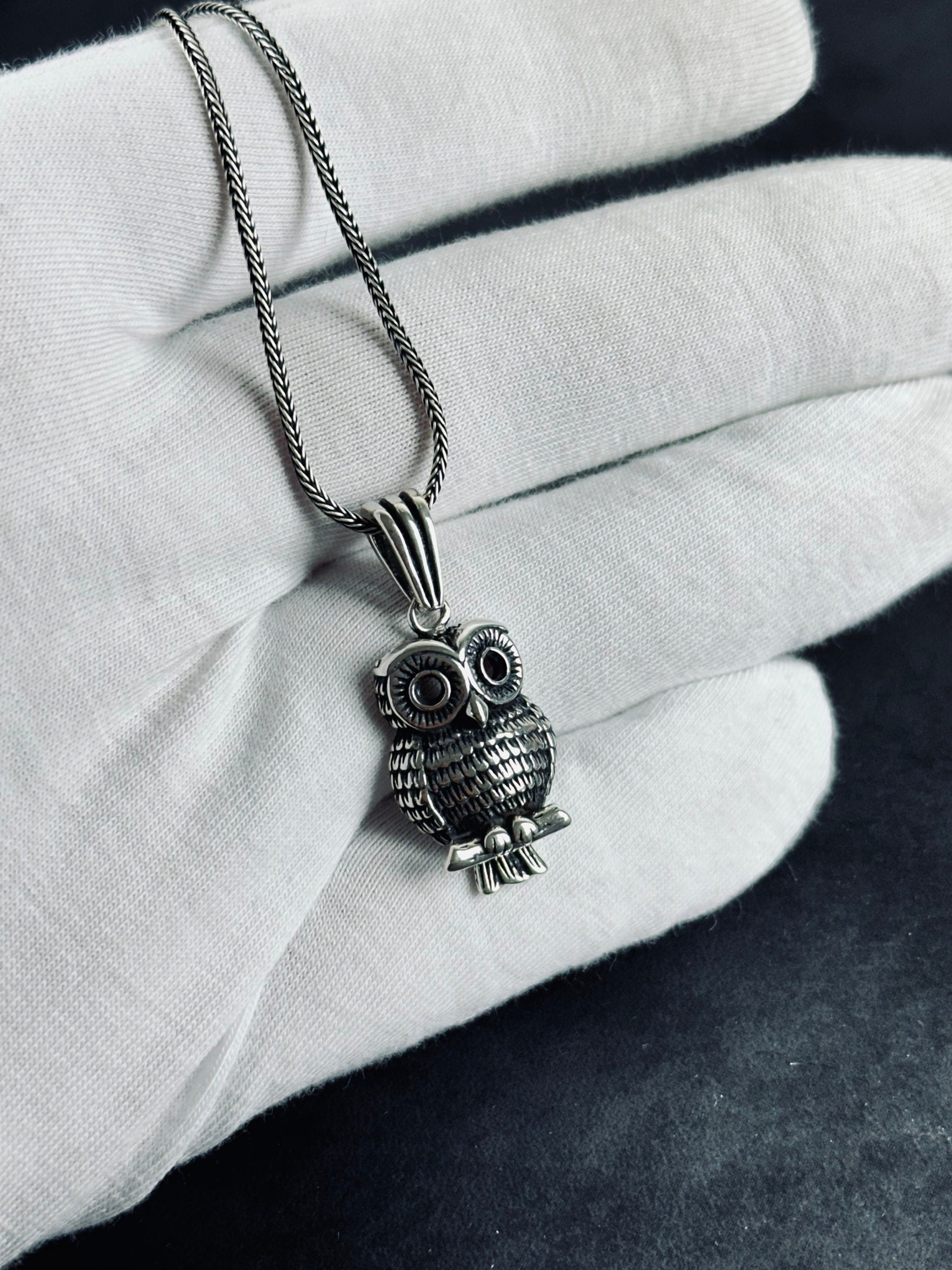 Silver Owl Necklace: Handmade Bird Pendant with Wooden Box