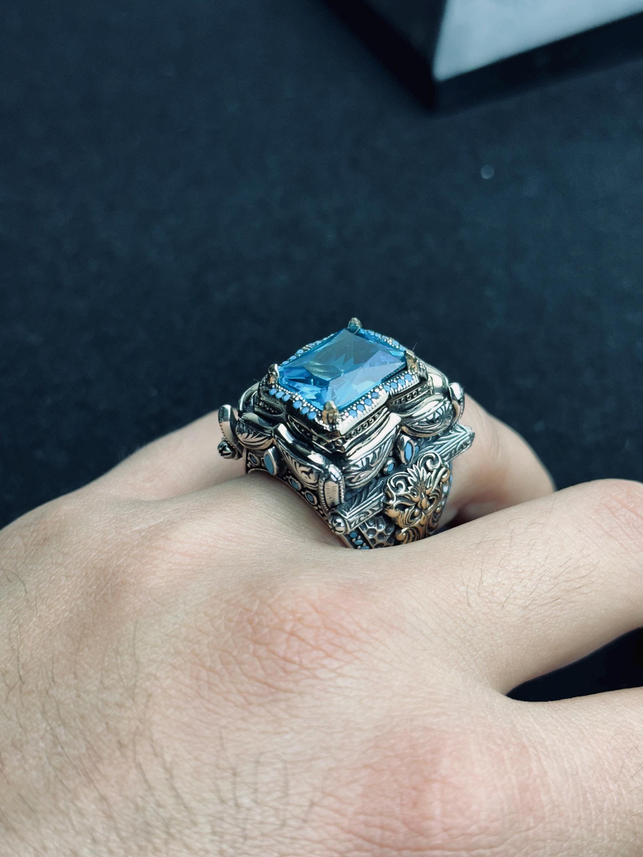 Men's Statement Ring: Large Aquamarine Square Gem - Sterling Silver