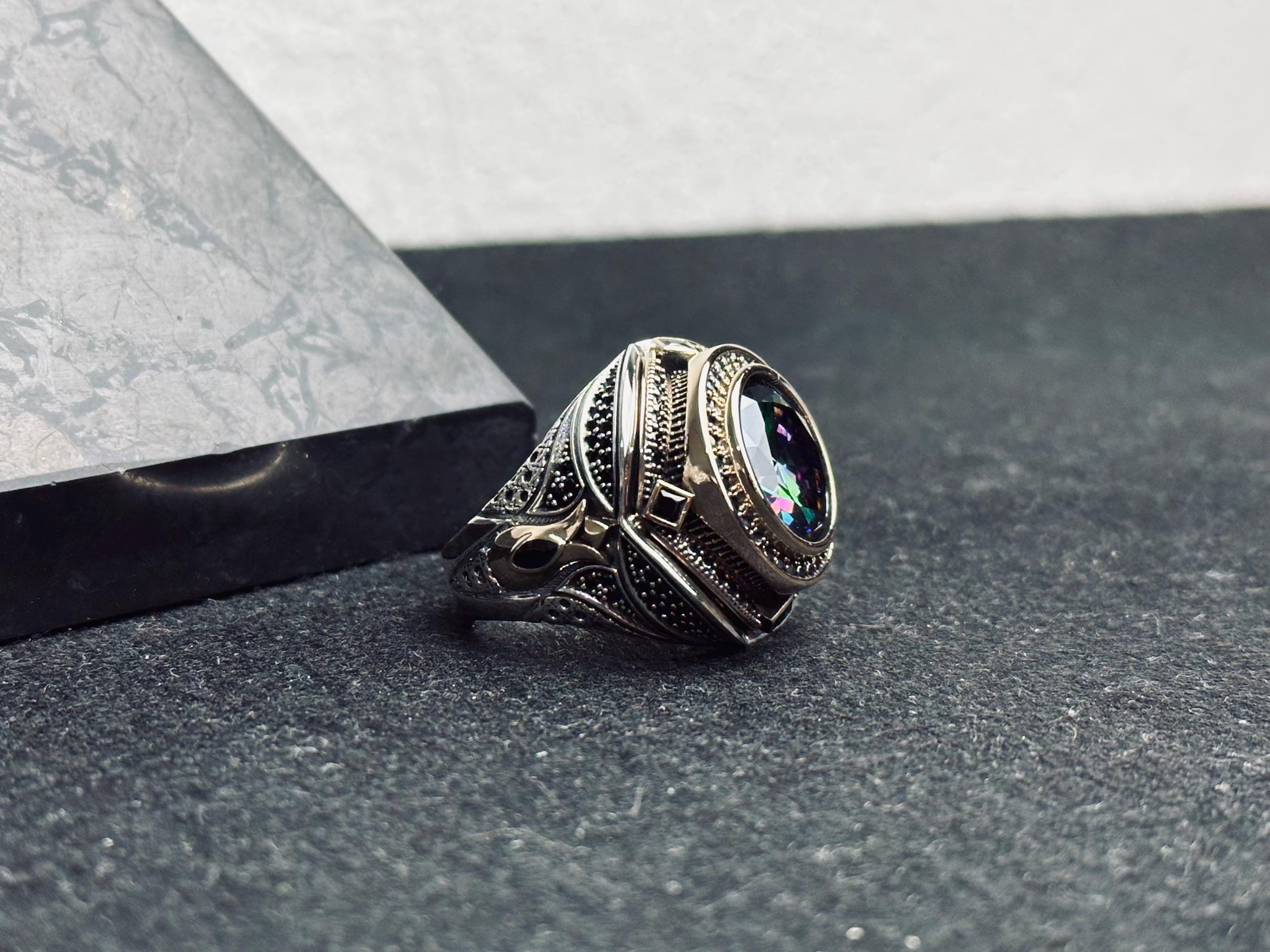 Mystic Topaz Men's Ring: Handmade Sterling Silver, Turkish Gemstone