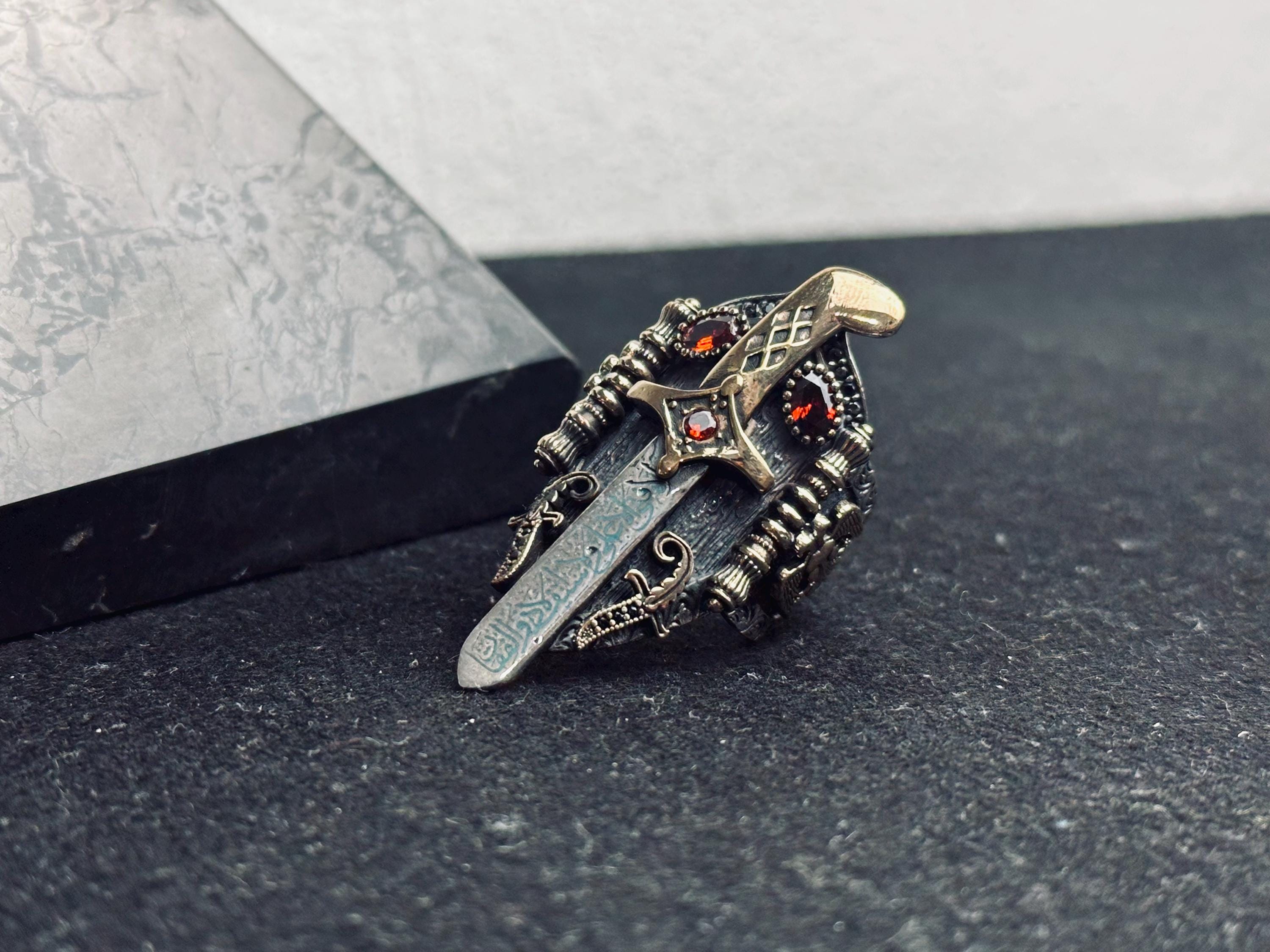 Sterling Silver Gothic Dagger Ring, Red Stone Sword Ring, Medieval Fantasy Jewelry, Dark Aesthetic Statement Ring, Unique Gift