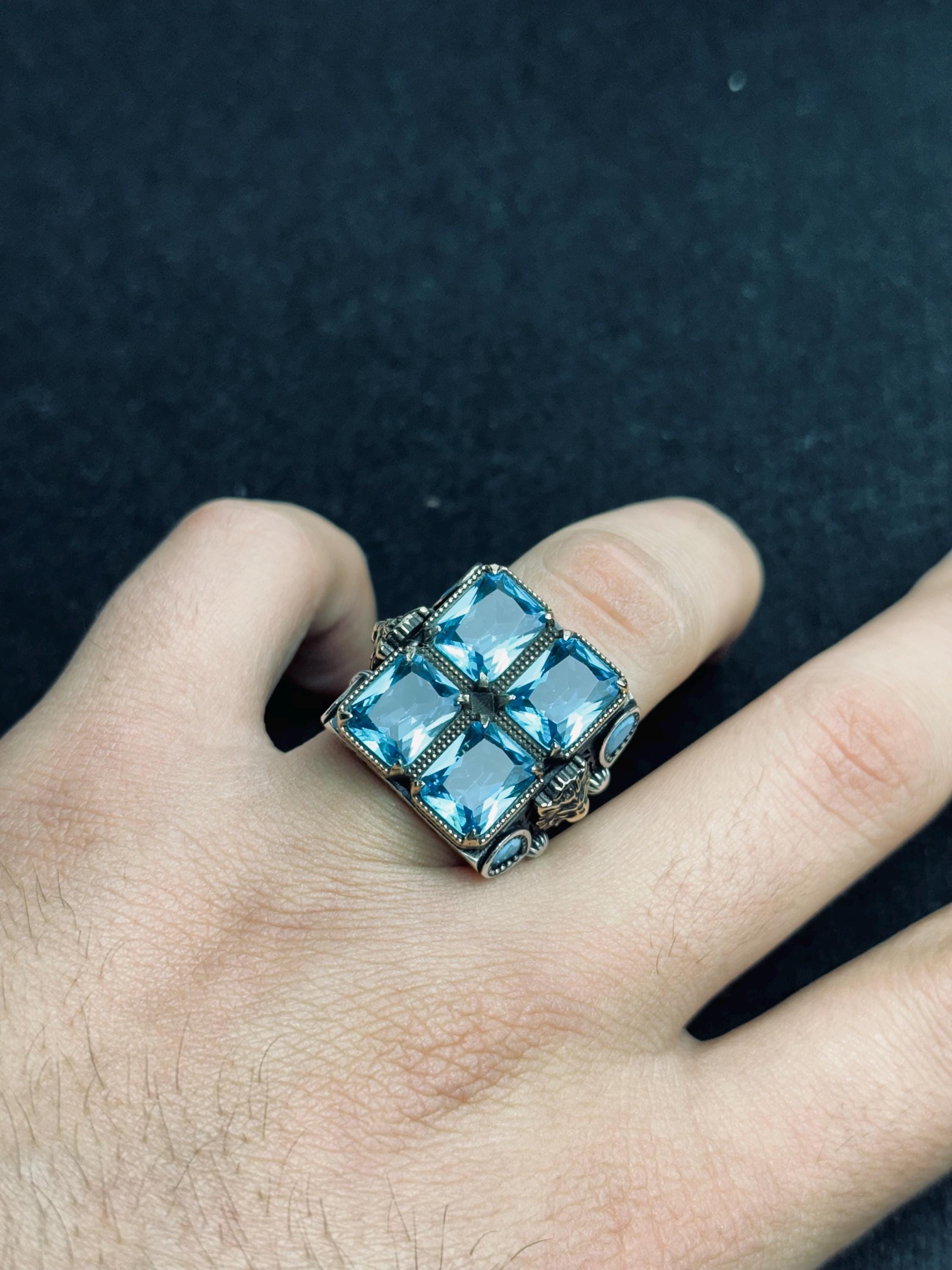 Square Aquamarine Ring: Men's Sterling Silver Statement (Handmade)