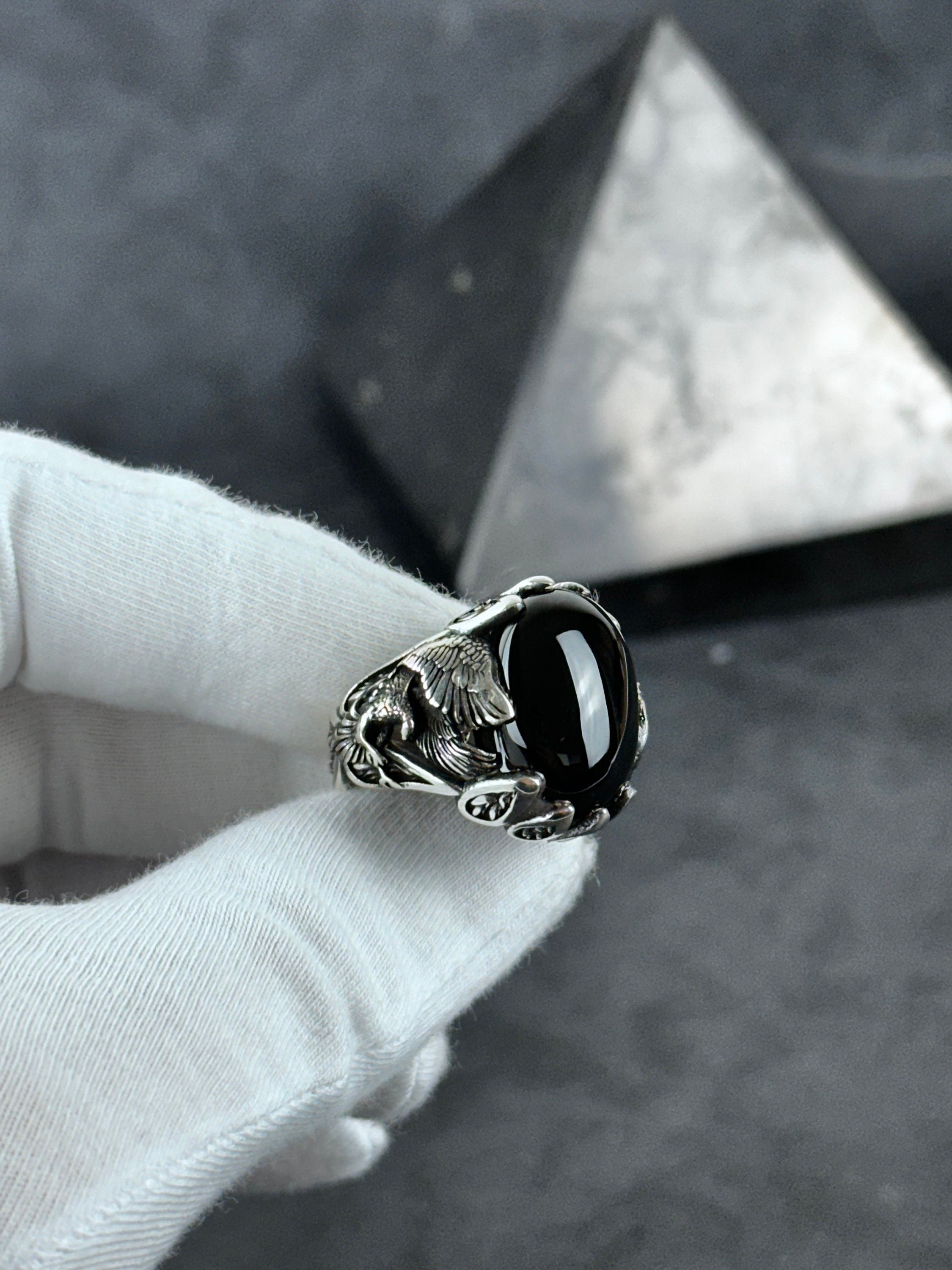 Men's Sterling Silver Ring, Majestic Eagle, Onyx Gemstone (Statement Jewelry)