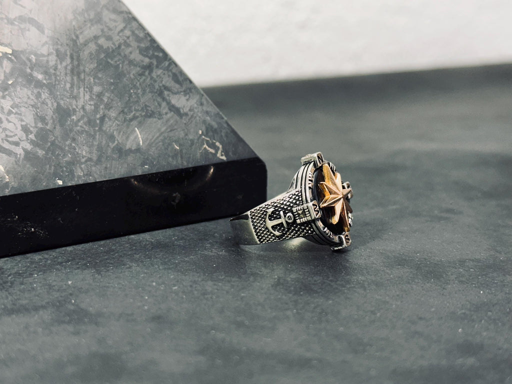 Unisex Sterling Silver Compass Ring, North Star (Handmade)