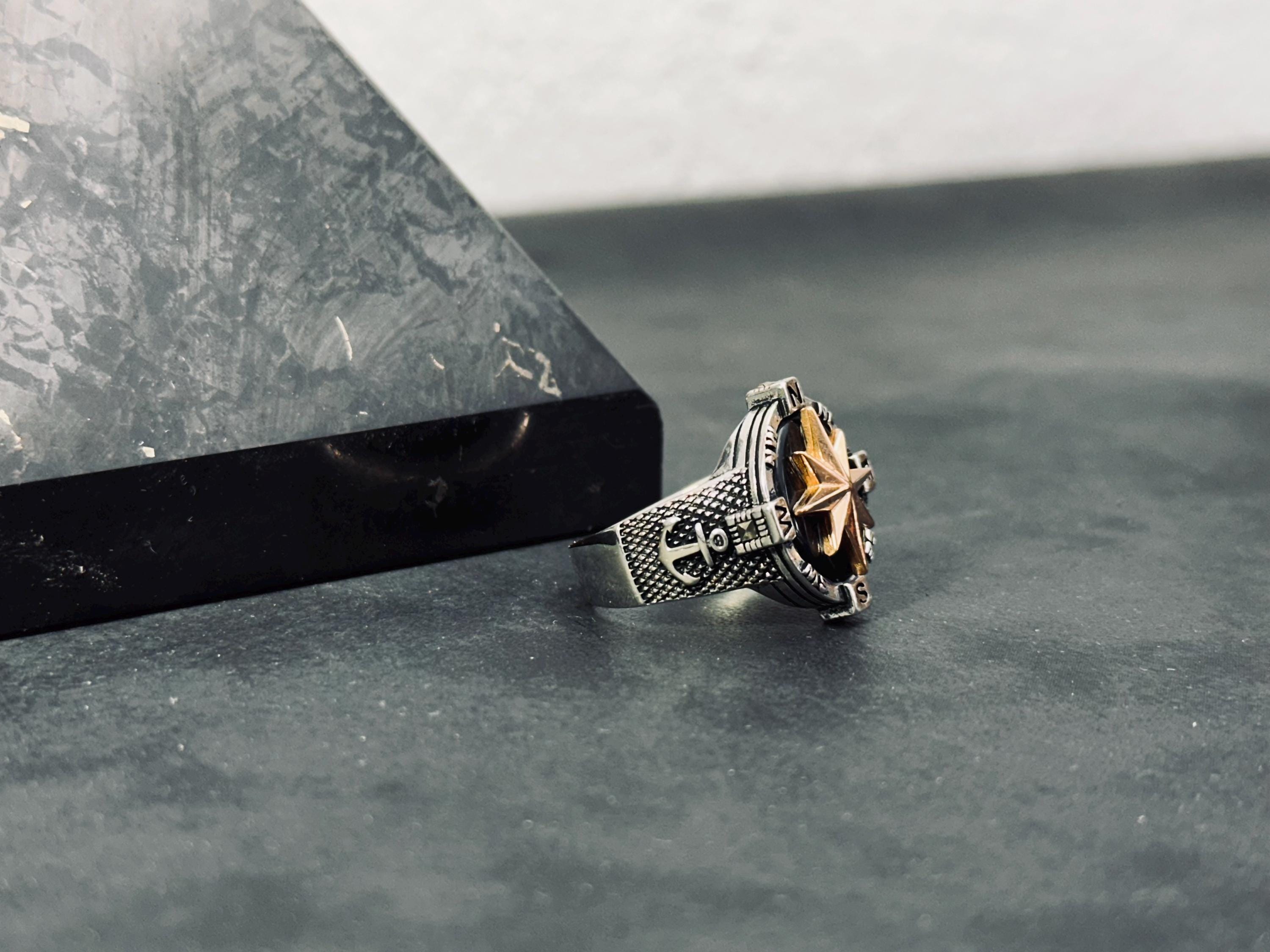 Unisex Sterling Silver Compass Ring, North Star (Handmade)