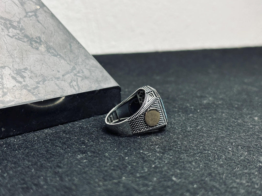 Turquoise Statement Ring - Sterling Silver, Engraved Design
