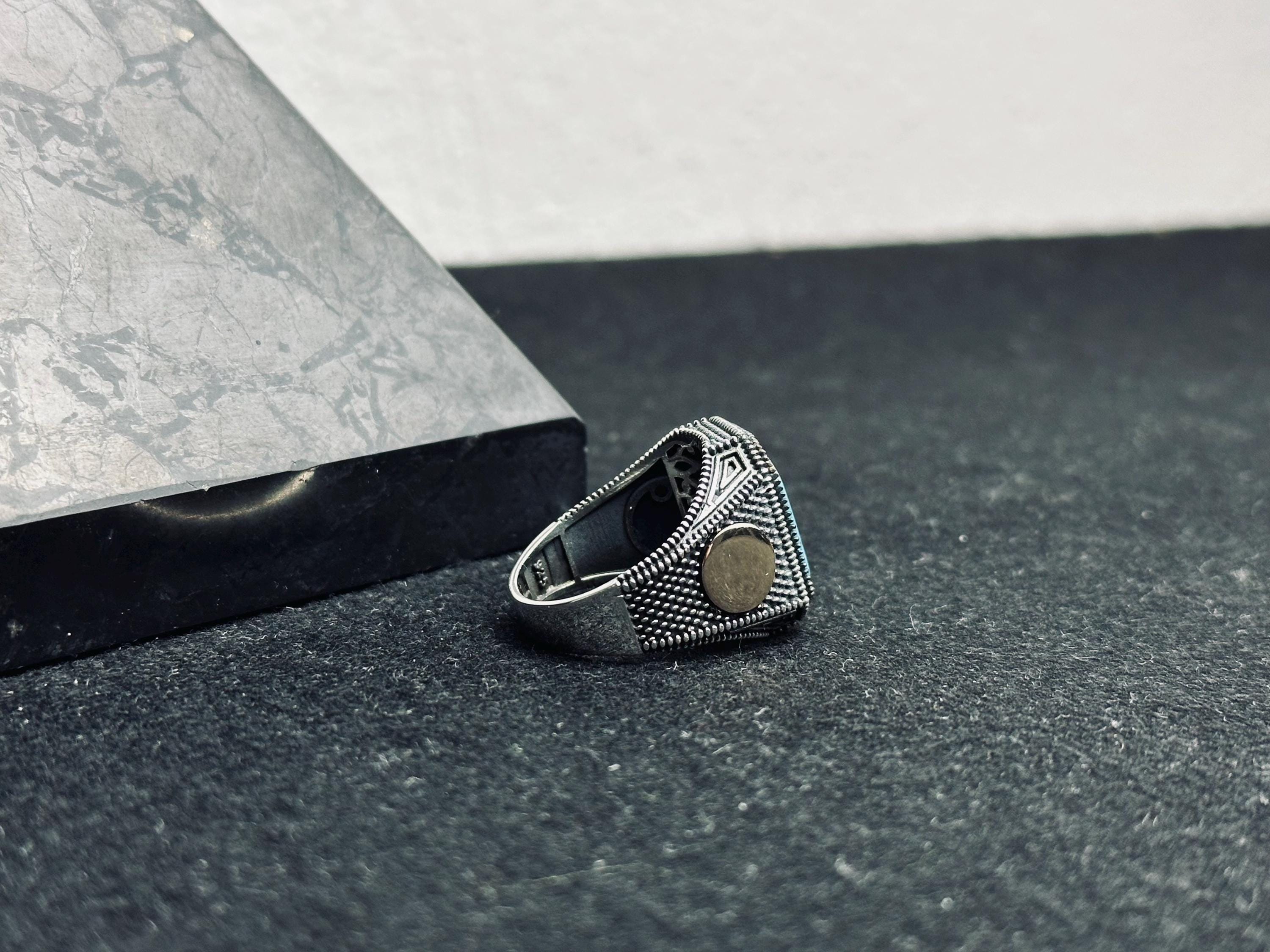 Turquoise Statement Ring - Sterling Silver, Engraved Design