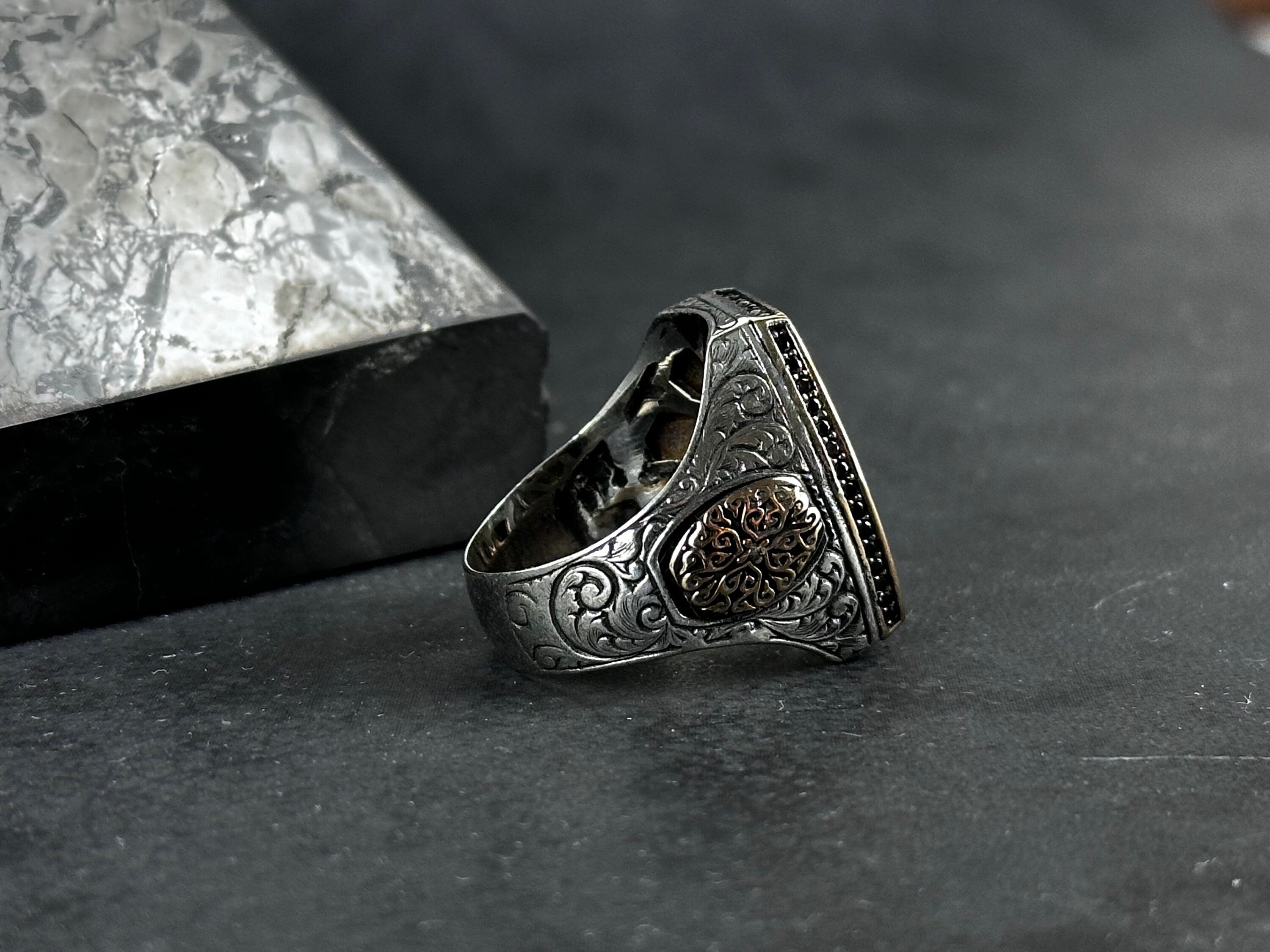 Islamic Silver Ring Surah Al-Inshirah, Black Zircon (Handmade 925 Sterling)