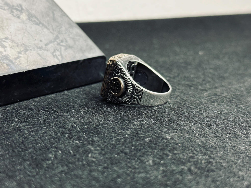 Men's Silver Ring: Mystic Topaz and Crescent Star - Handmade