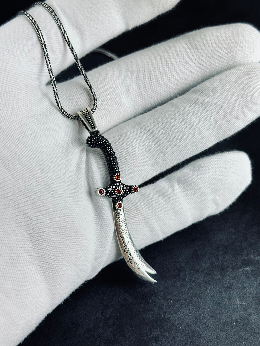 Islamic Silver Necklace, Zulfiqar Sword Pendant (With Zircon Stones)