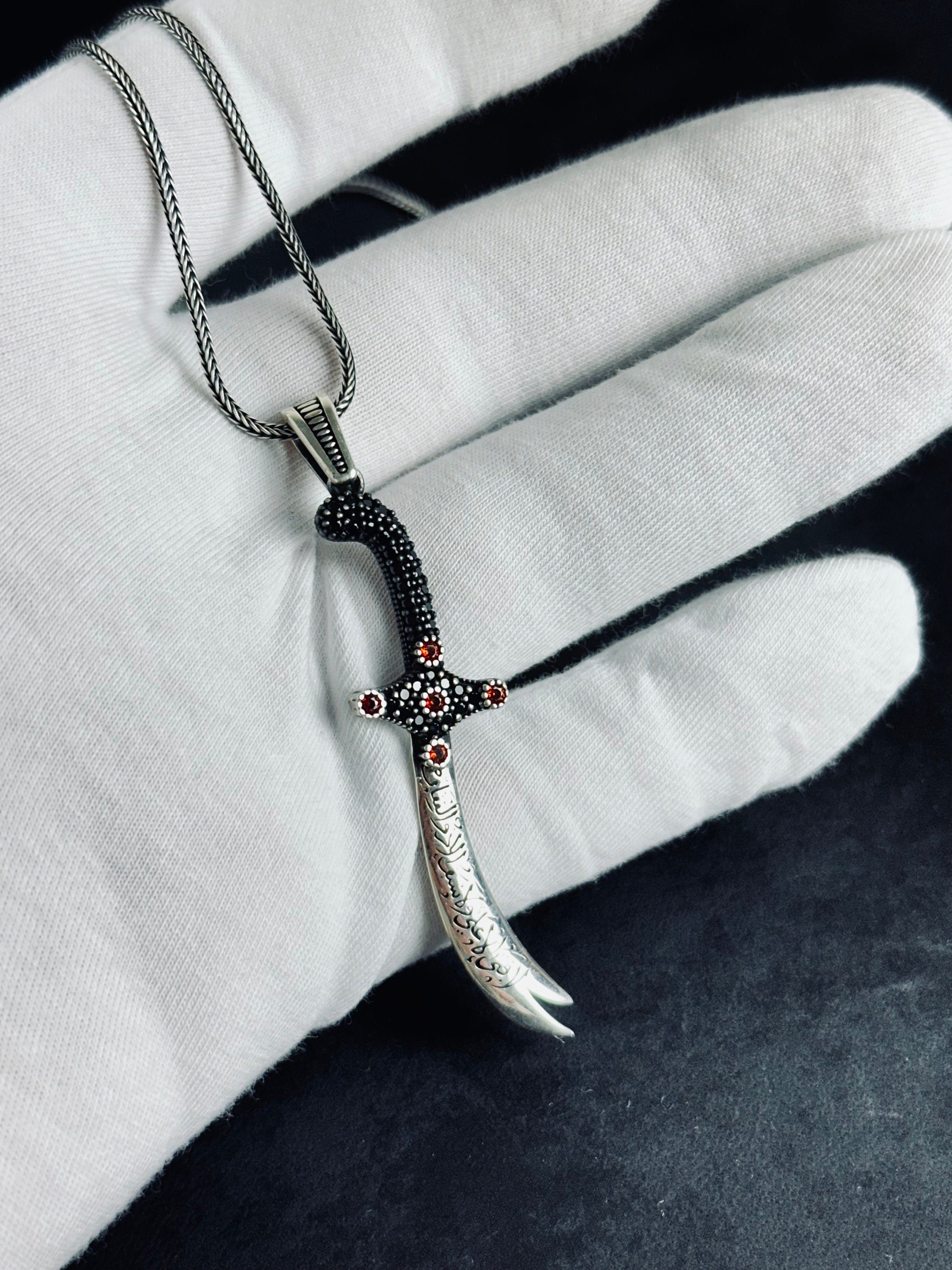Islamic Silver Necklace, Zulfiqar Sword Pendant (With Zircon Stones)
