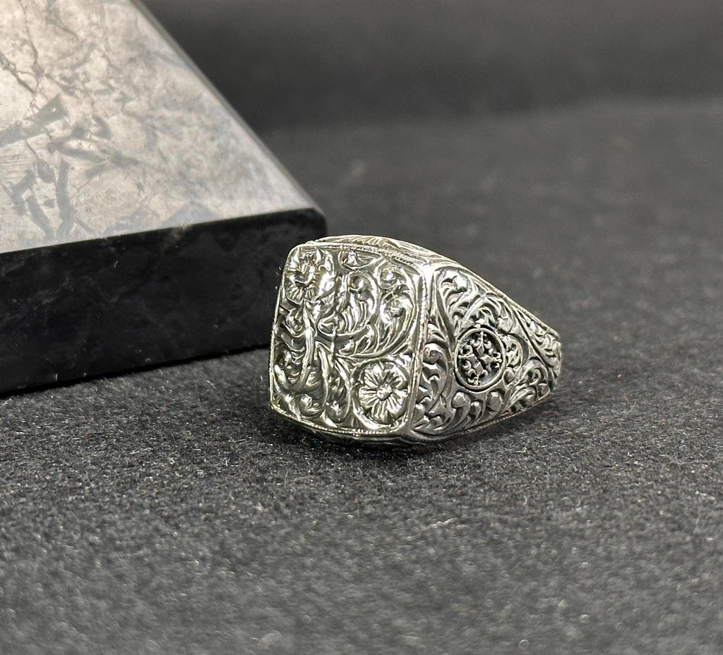 Men's Silver Ring: Engraved Tree Bark Style - Handmade 925 Sterling