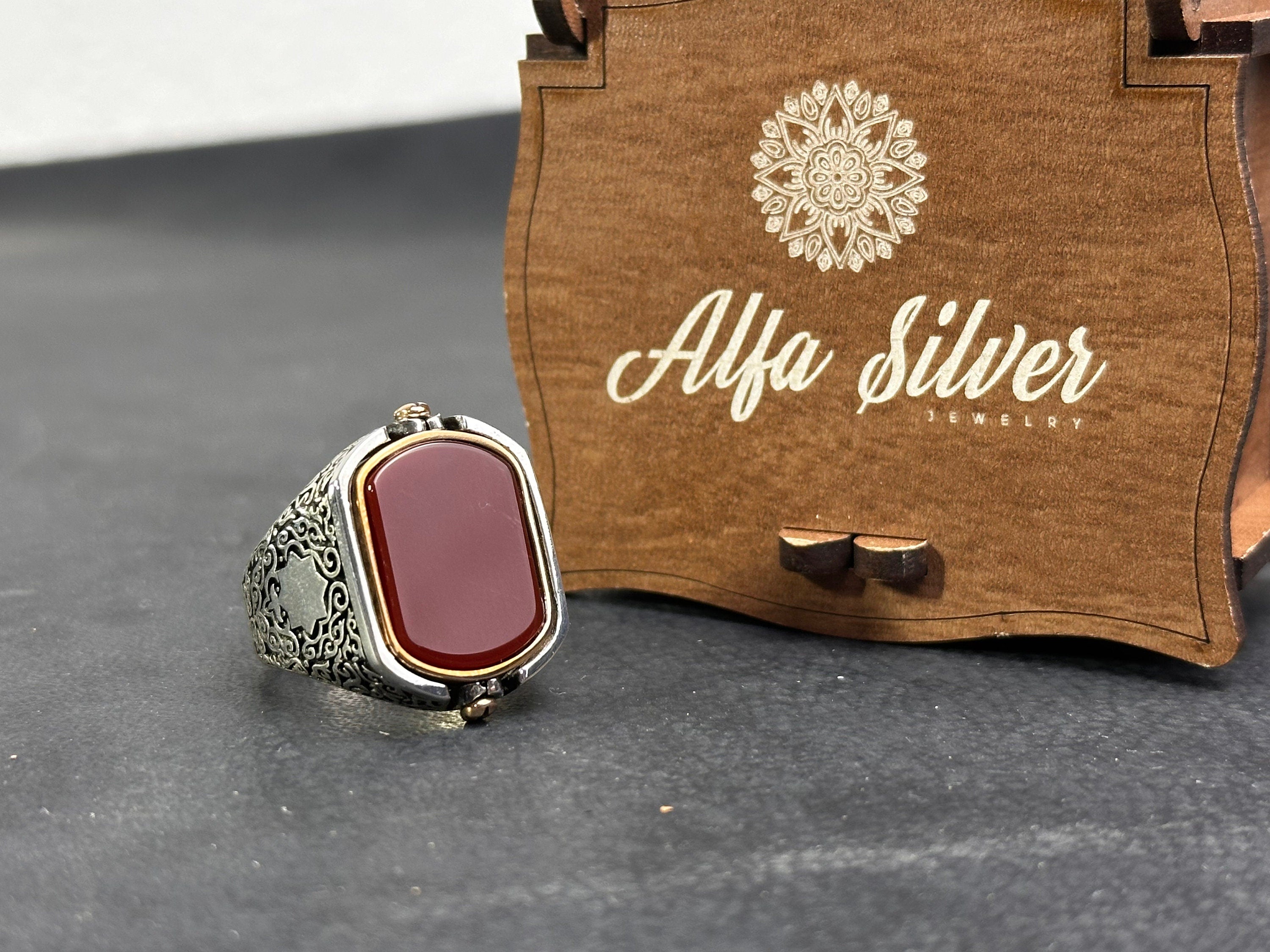 Men's Red Agate Silver Ring, Seal of Solomon (Double-Sided Design)