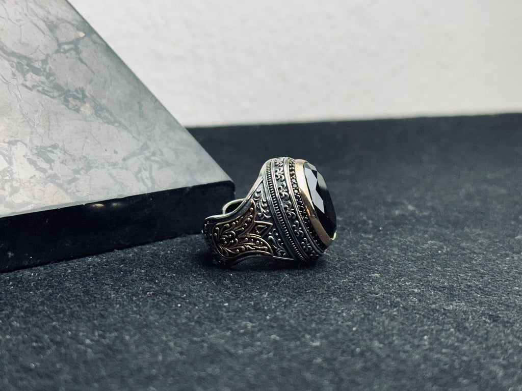 Black Zircon Men's Ring - Handmade Turkish Sterling Silver