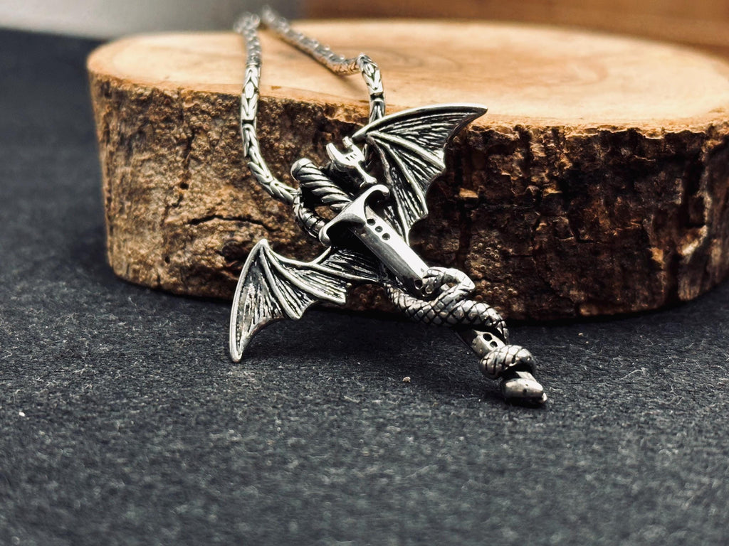 Bat Wing Sword Pendant: Gothic Sterling Silver Necklace