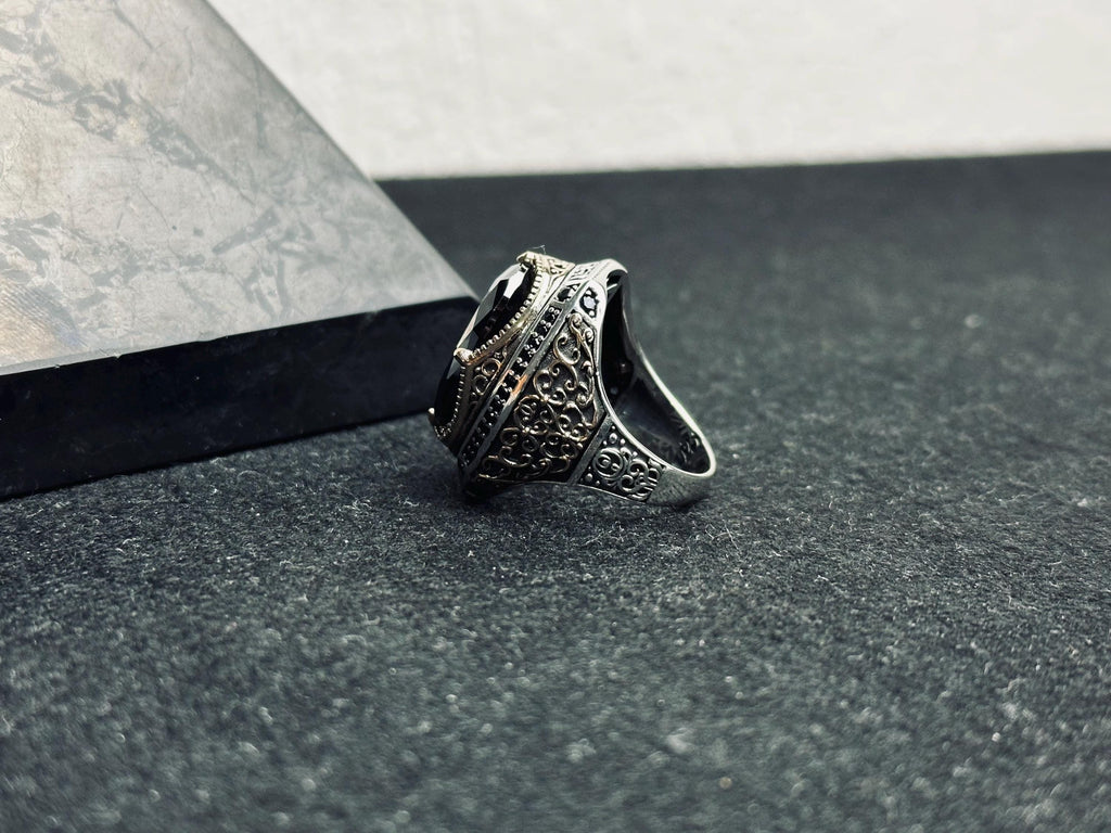 Black Zircon Men's Ring: Sterling Silver Zulfiqar Sword