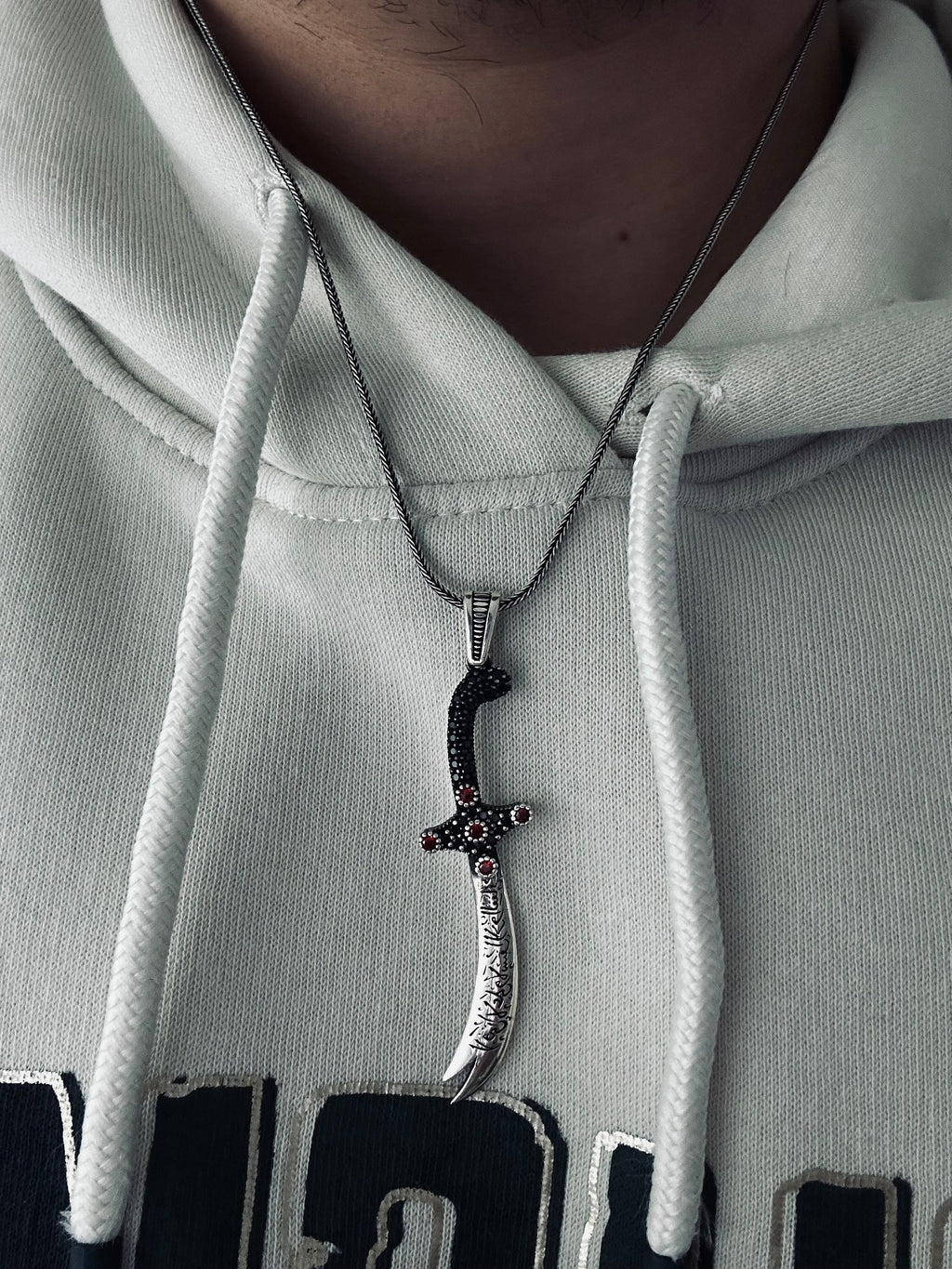 Islamic Silver Necklace, Zulfiqar Sword Pendant (With Zircon Stones)