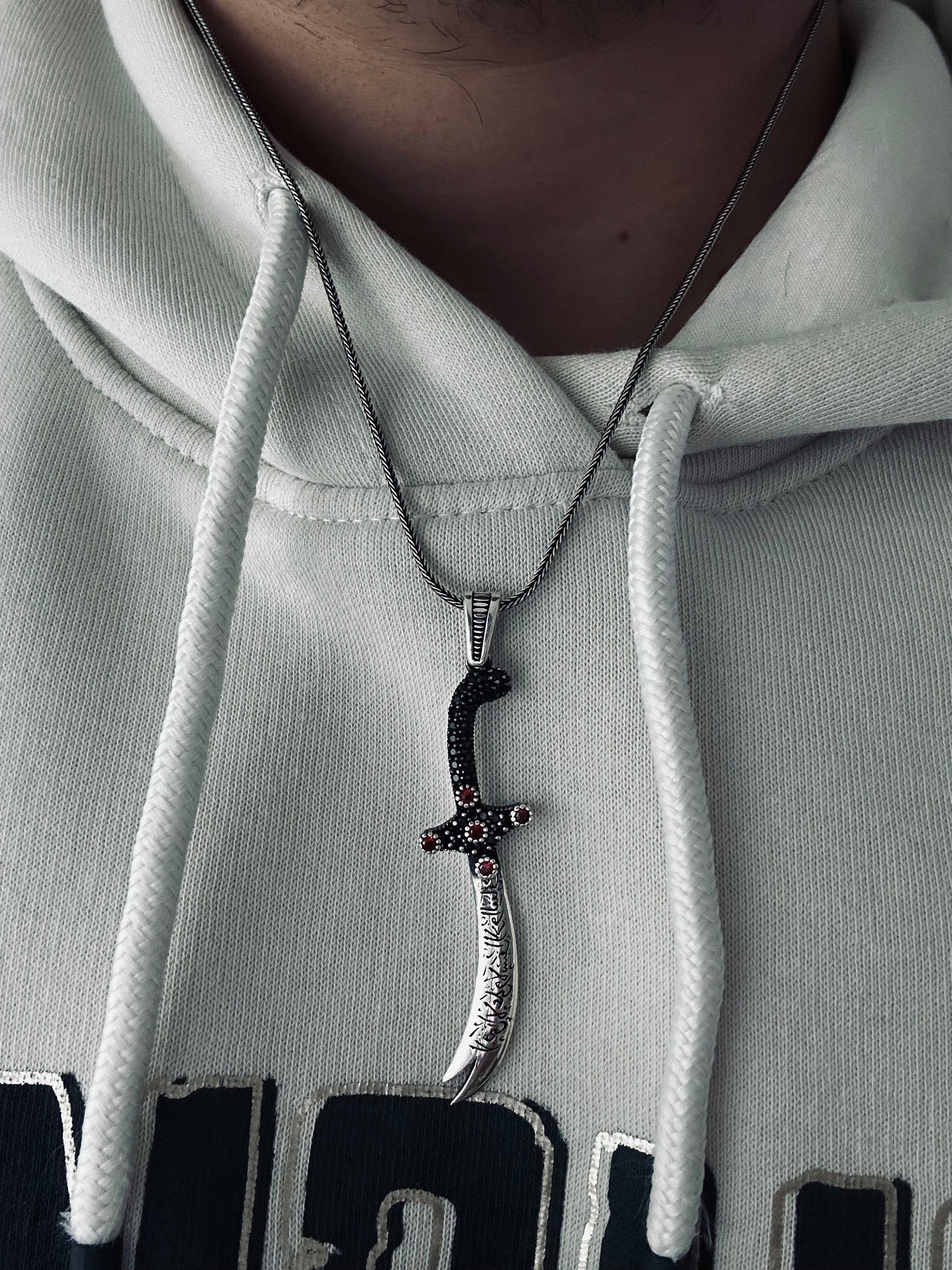 Islamic Silver Necklace, Zulfiqar Sword Pendant (With Zircon Stones)