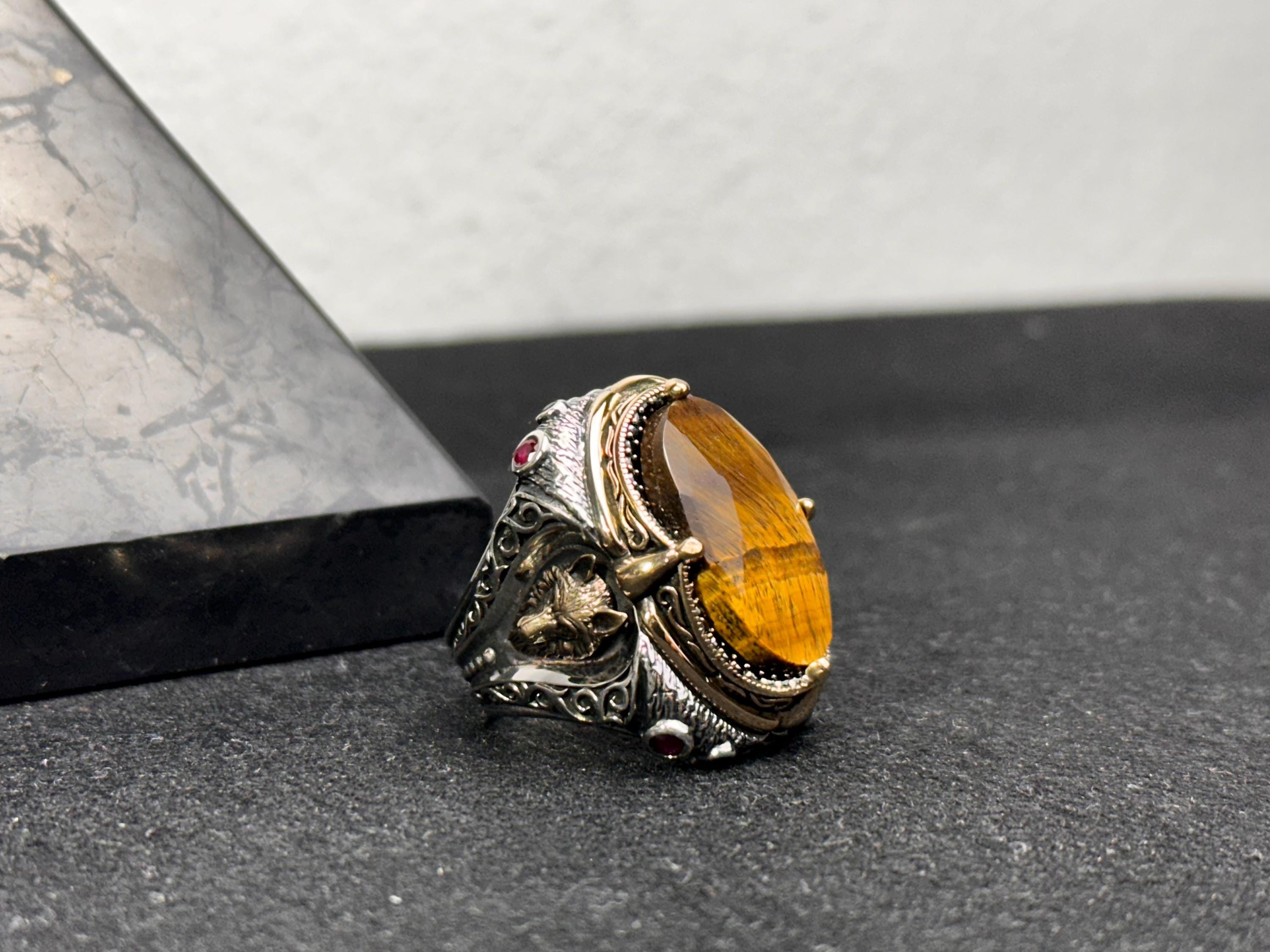 Men's Tiger's Eye Ring: Handmade Silver - Bold Gemstone Design