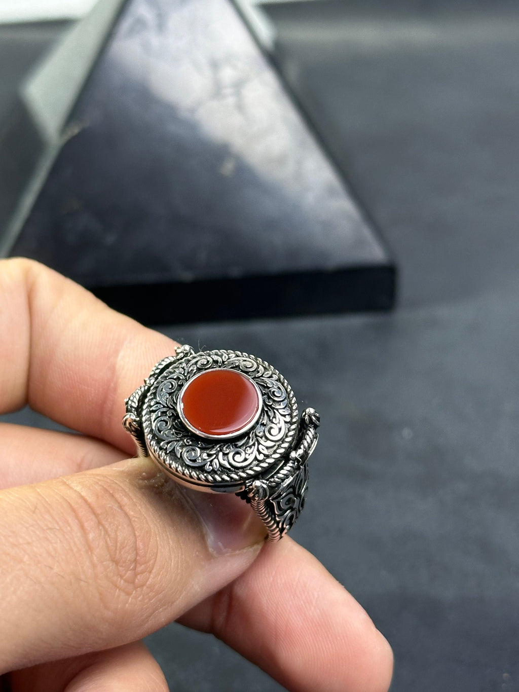 Men's Red Agate Ring, Sterling Silver Engraved (Everyday Wear)