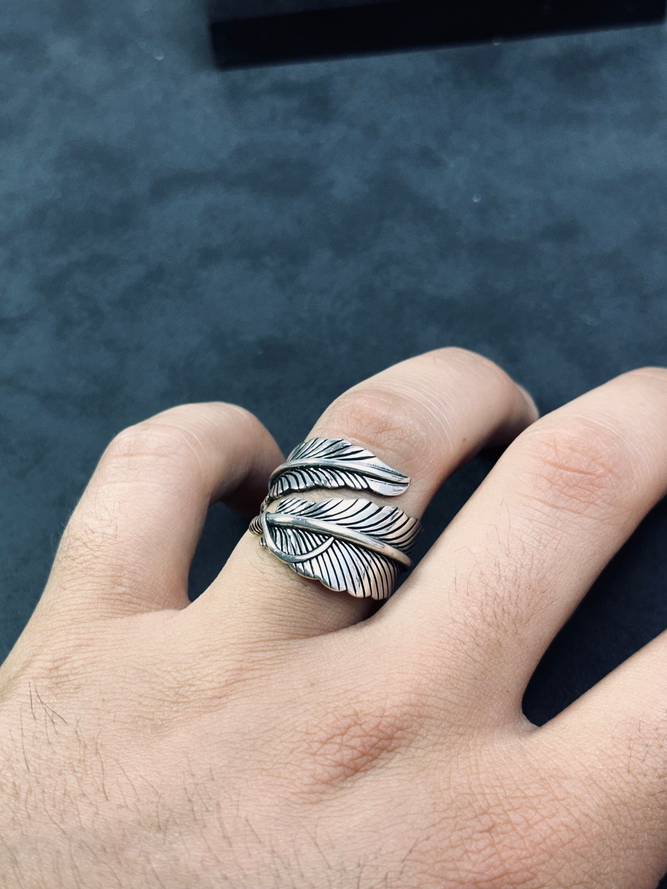 Feather Ring: Sterling Silver Adjustable Design (Engraved, Handmade)