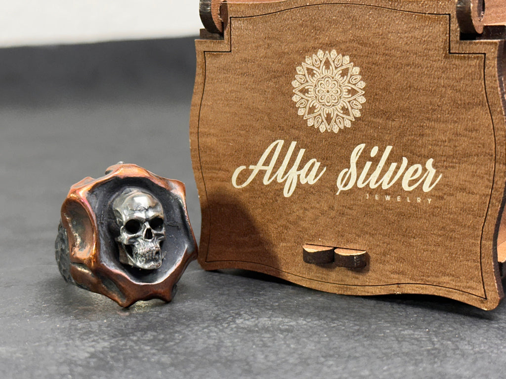 Oxidized Sterling Silver Skull Ring: Handmade Gothic Biker Jewelry