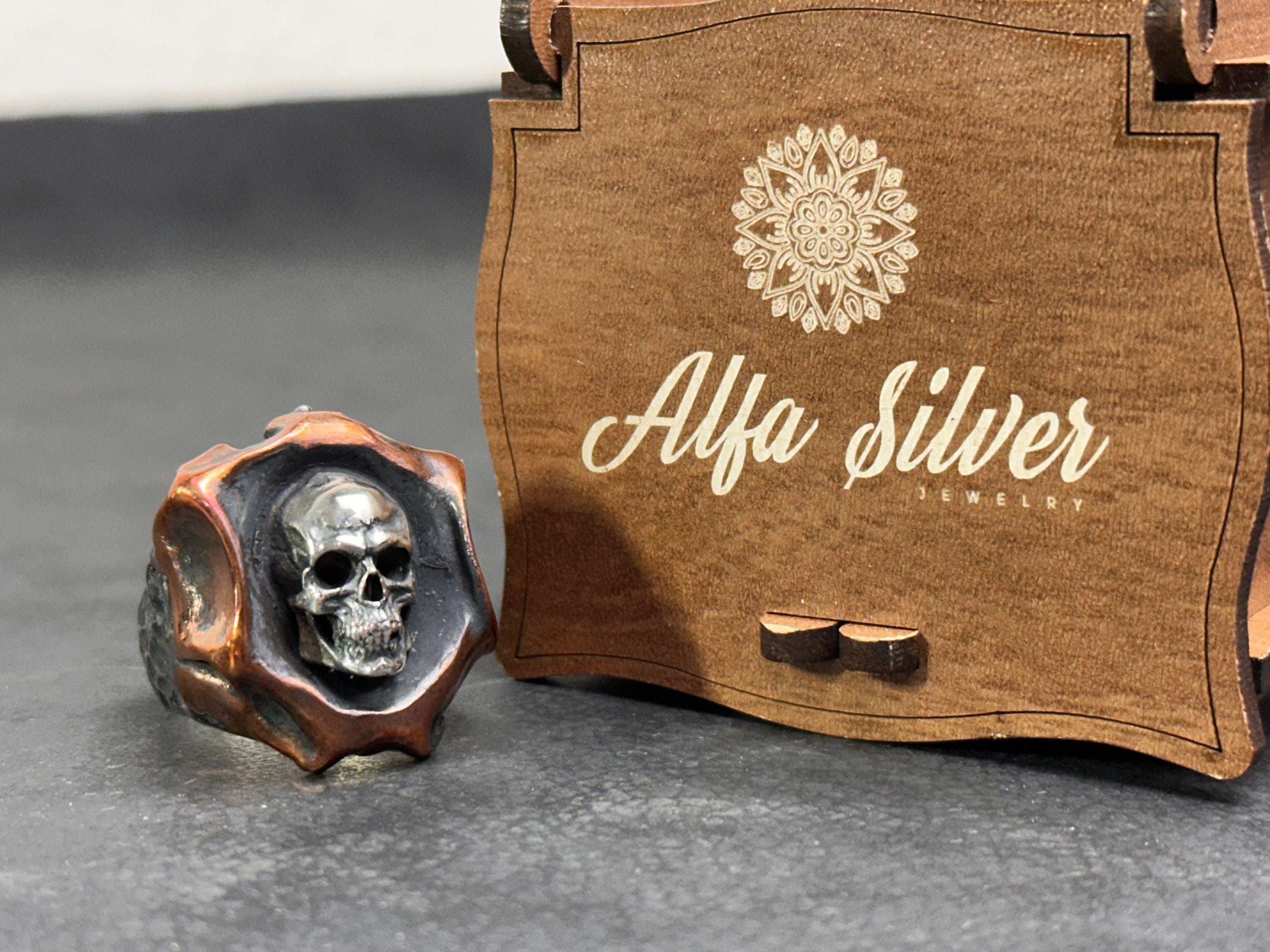 Oxidized Sterling Silver Skull Ring: Handmade Gothic Biker Jewelry
