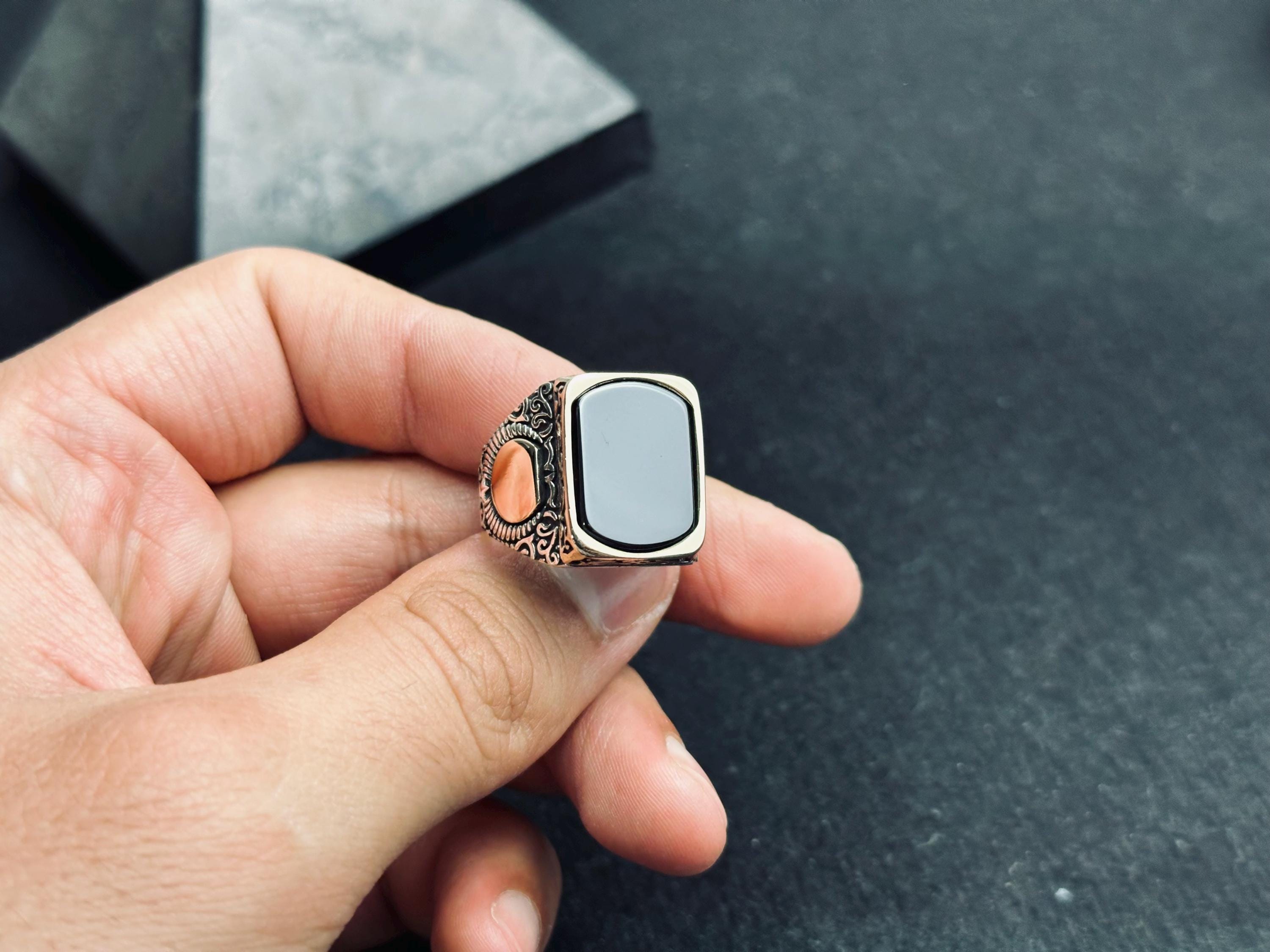 Square Onyx Ring: Turkish Handmade Silver - Engraved Ottoman Style