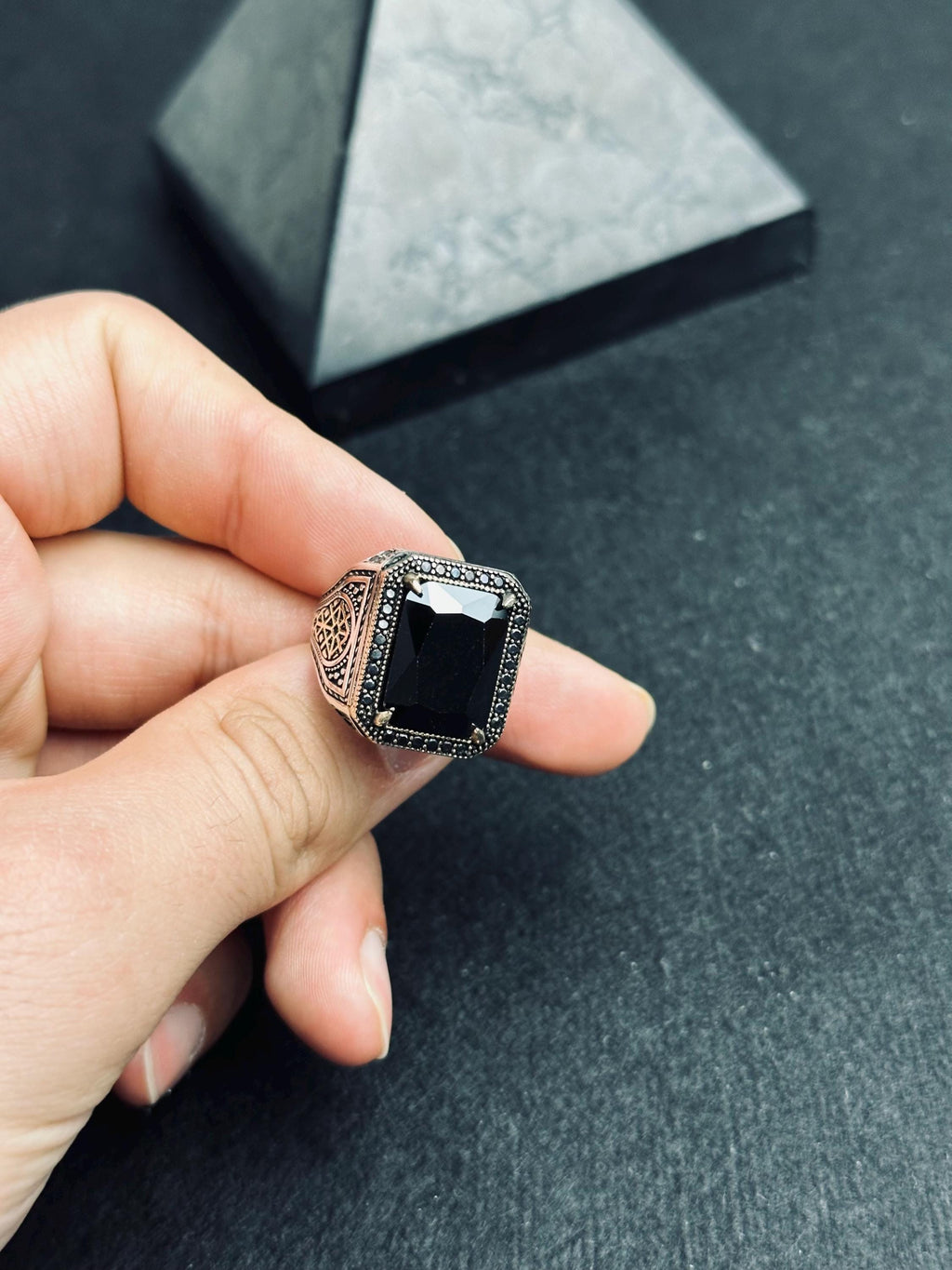 Signet Ring for Men: Black Zircon Stone - Sterling Silver
